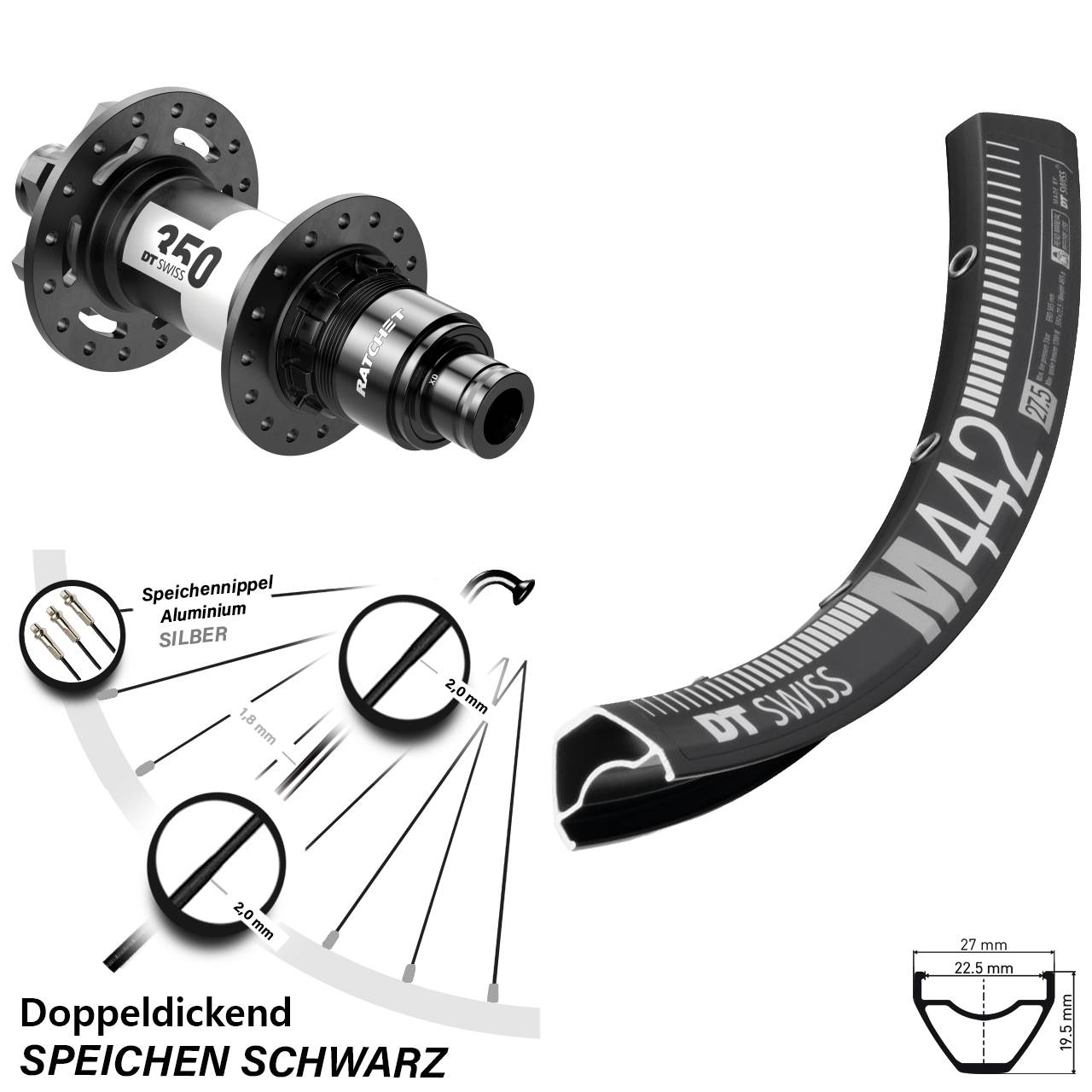 28 Zoll M442 DT Swiss 350 Steckachse Hinterrad 12x148 Boost 6-Loch Sram XD