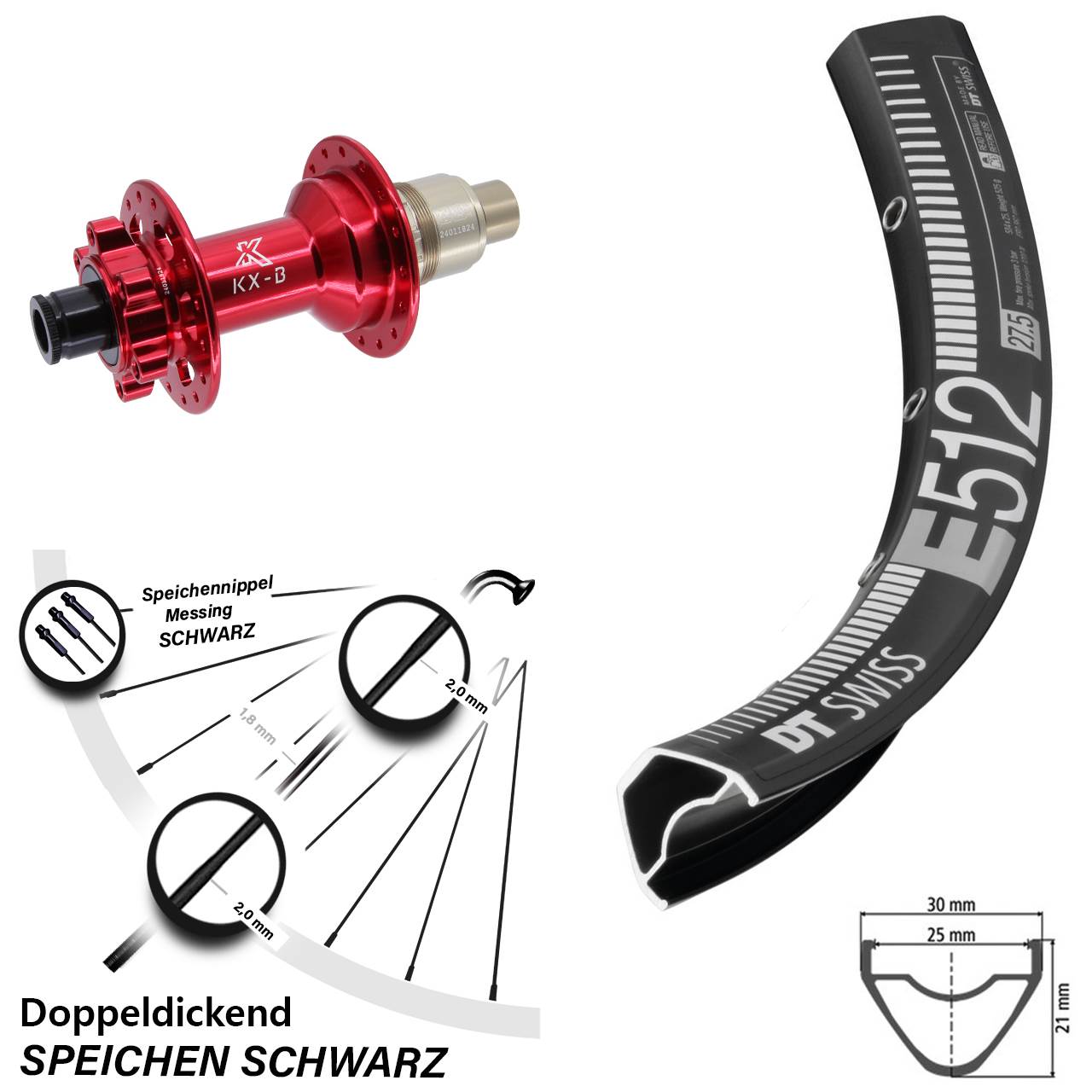 27,5 Zoll Hinterrad DT Swiss E 512 KX-B rot 6-Loch XD 12x148