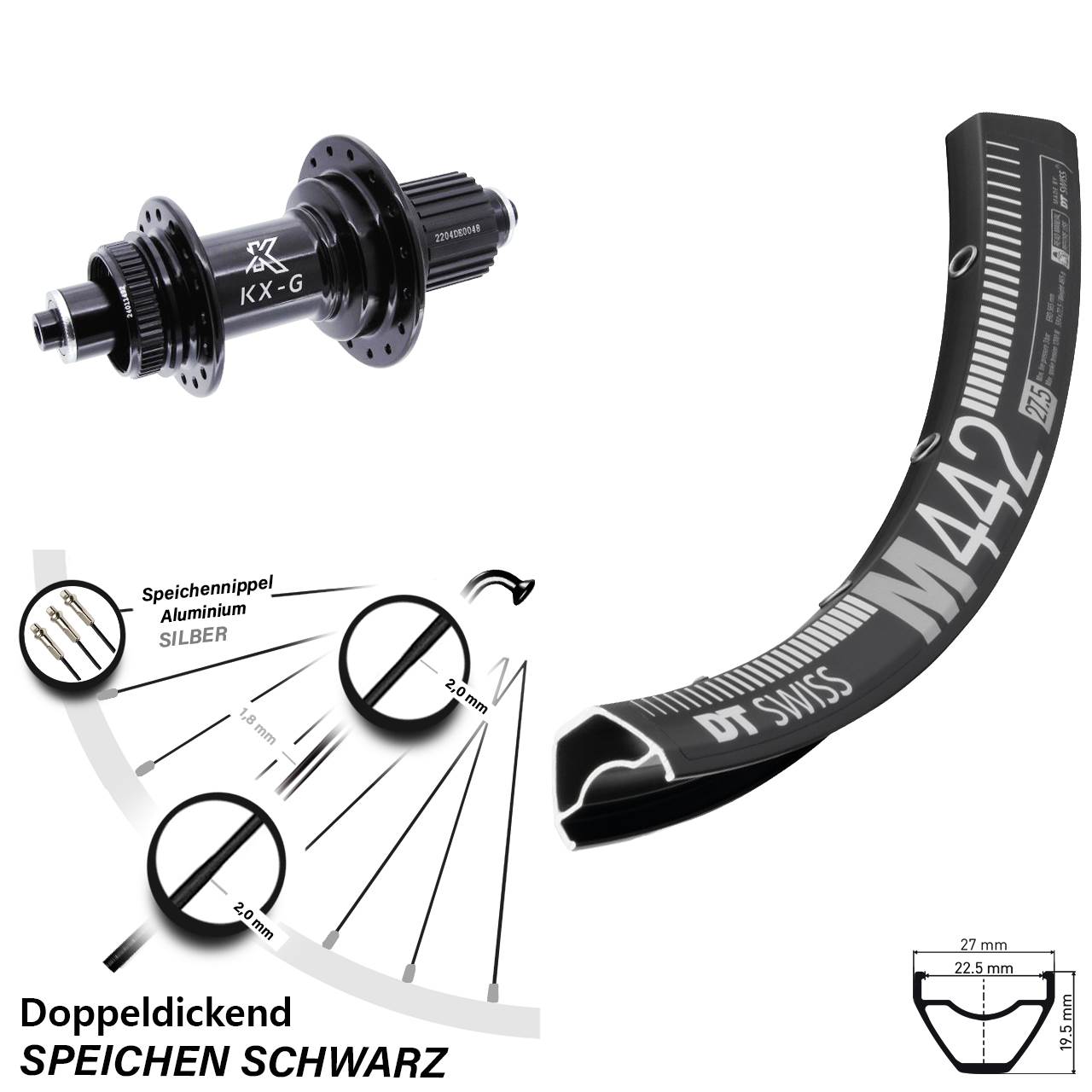 DT Swiss M 442 Disc KX-GS 28 Zoll Hinterrad Centerlock Micro Spline schwarz