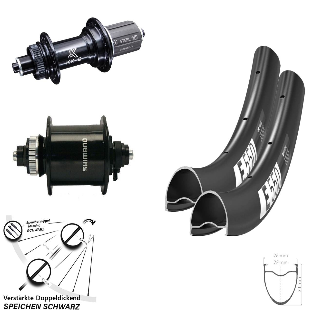Laufradsatz QR 28 Zoll DT Swiss E550 KX-GS verstärkt Shimano DH-UR700-3D 8-12 fach