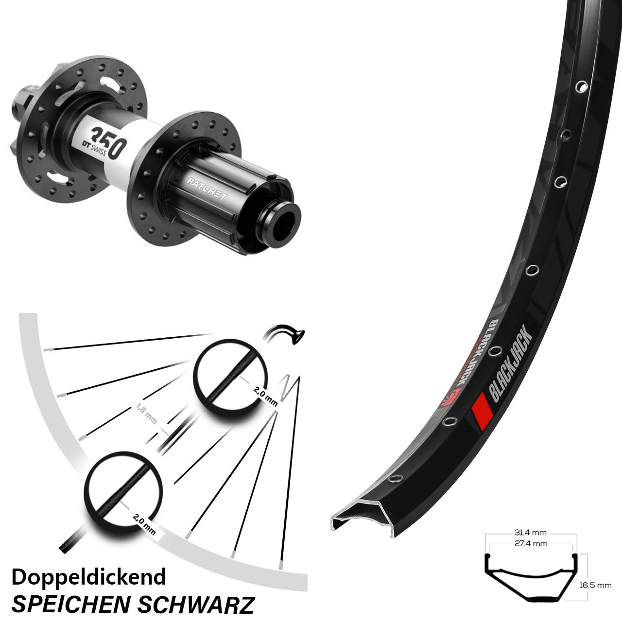 6-Loch Hinterrad 12x142 27,5 Zoll Rodi Ready 27 DT Swiss 350 8-11 fach HG