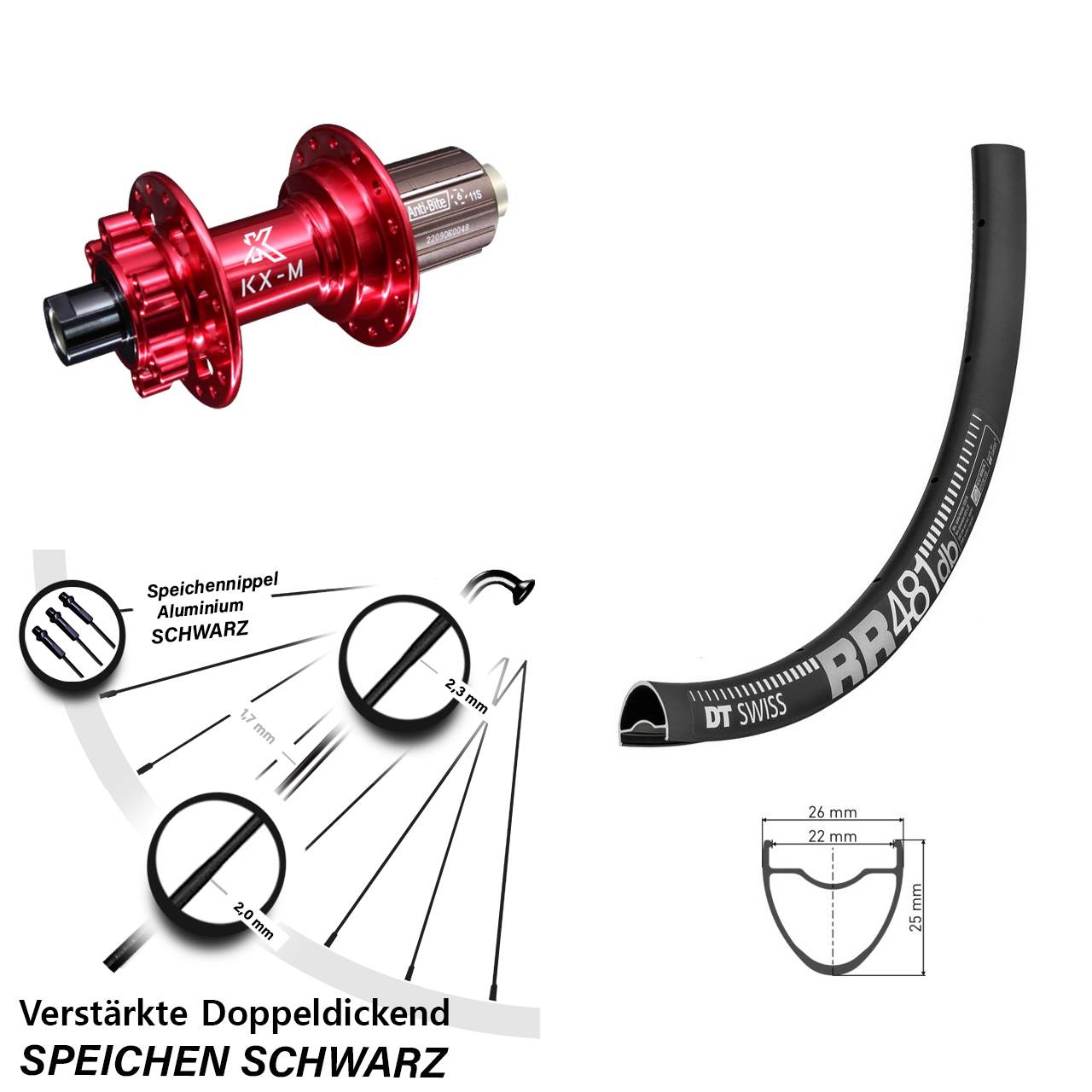 28 Zoll DT Swiss RR481 KX-M rot 6-Loch Hinterrad 12x142 8-12 fach HG