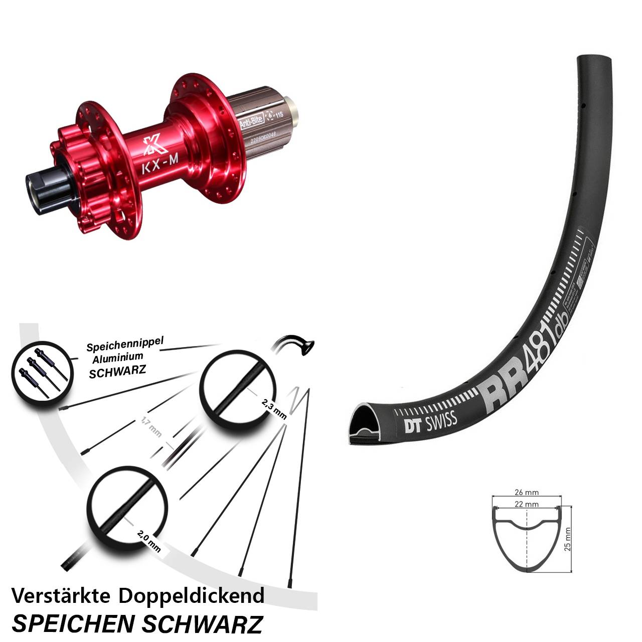 28 Zoll DT Swiss RR481 KX-M rot 6-Loch Hinterrad 12x142 8-12 fach HG