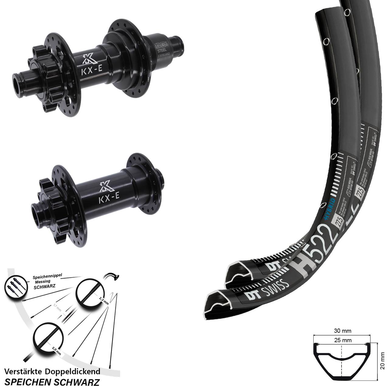 27,5 Zoll Laufradsatz Boost DT Swiss H522 KX-E 6-Loch Heavy Duty Stahl Freilauf XD