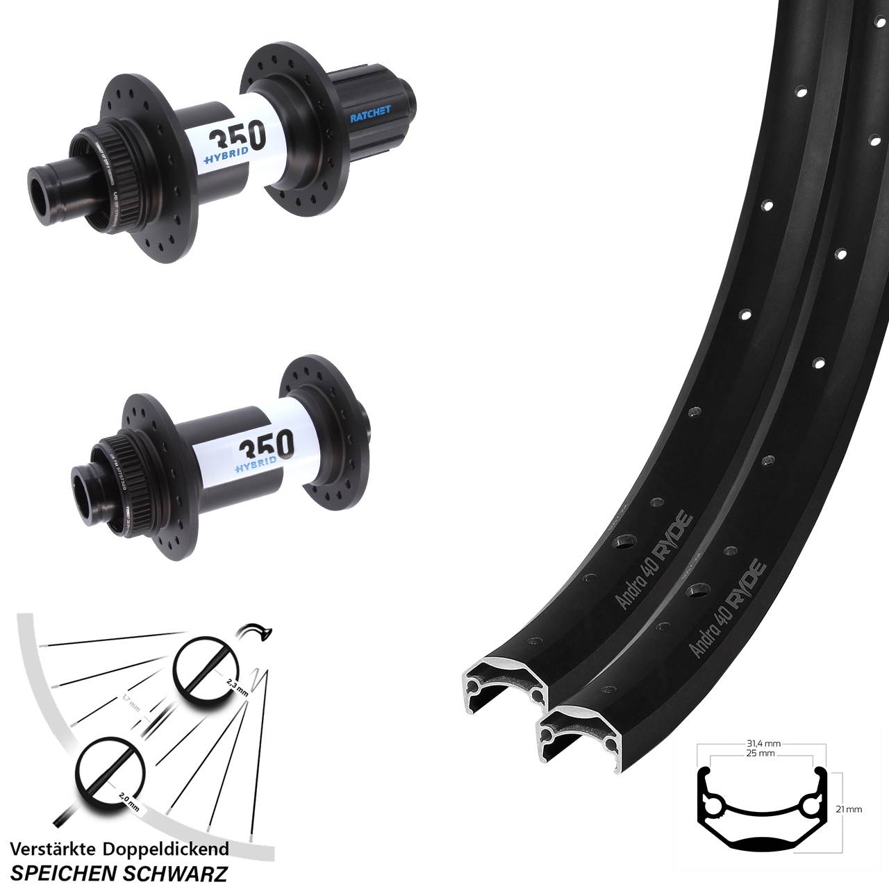 Ryde Andra 40 DT Swiss Hybrid 350 26 Zoll Disc Laufradsatz 15x110 12x148 8-11 fach