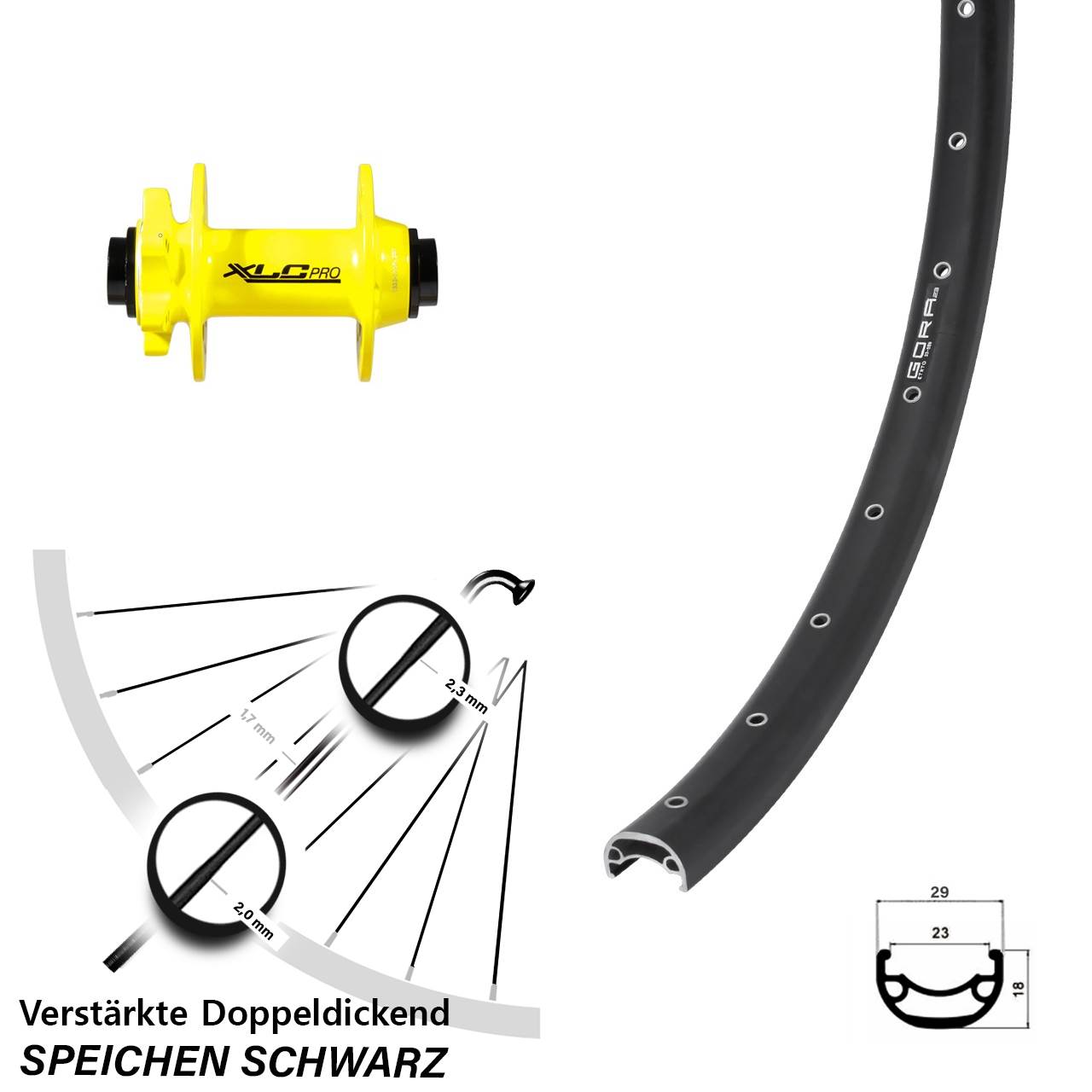 Vorderrad 6-Loch 28 Zoll Gora 23 XLC gelb 15x100