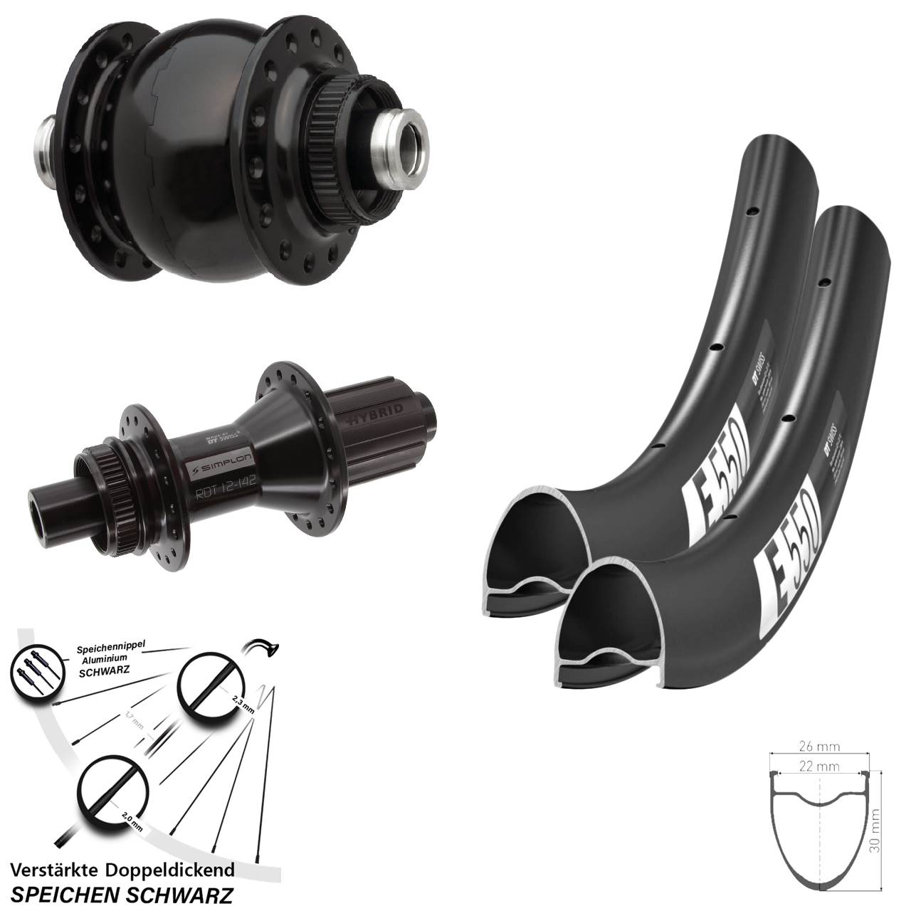 Disc Laufrad-Satz DT Swiss E 550-370 Hybrid SON 28 Zoll 8-11 fach 12x100/142