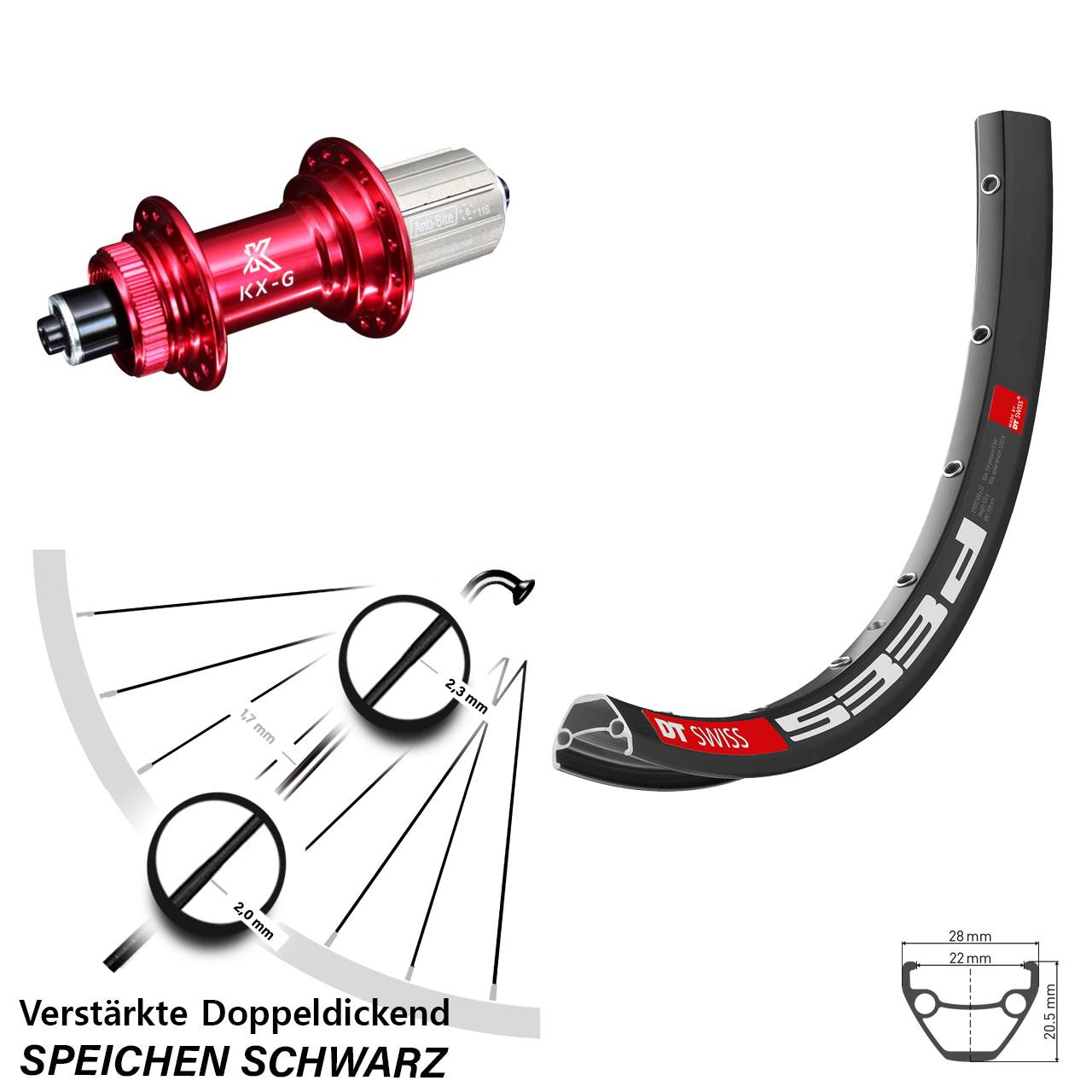 DT Swiss 533 D KX-G rot 28-29 Zoll Disc Hinterrad für Schnellspanner 8-12 fach HG