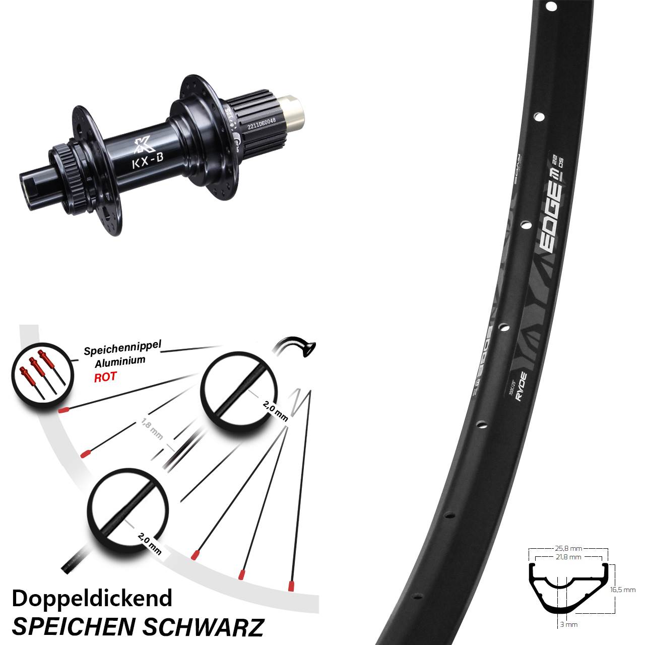 Ryde Edge M22 leichtes Hinterrad 29 Zoll KX-B Boost 12x148 mm Centerlock Micro Spline