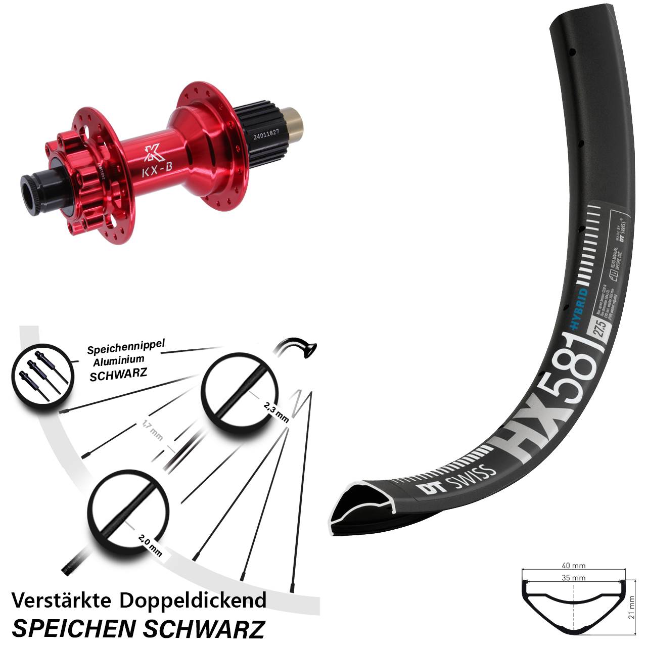 DT Swiss HX 581 KX-B rot 27,5 Zoll Hinterrad 6-Loch 12x148 Shimano Micro Spline