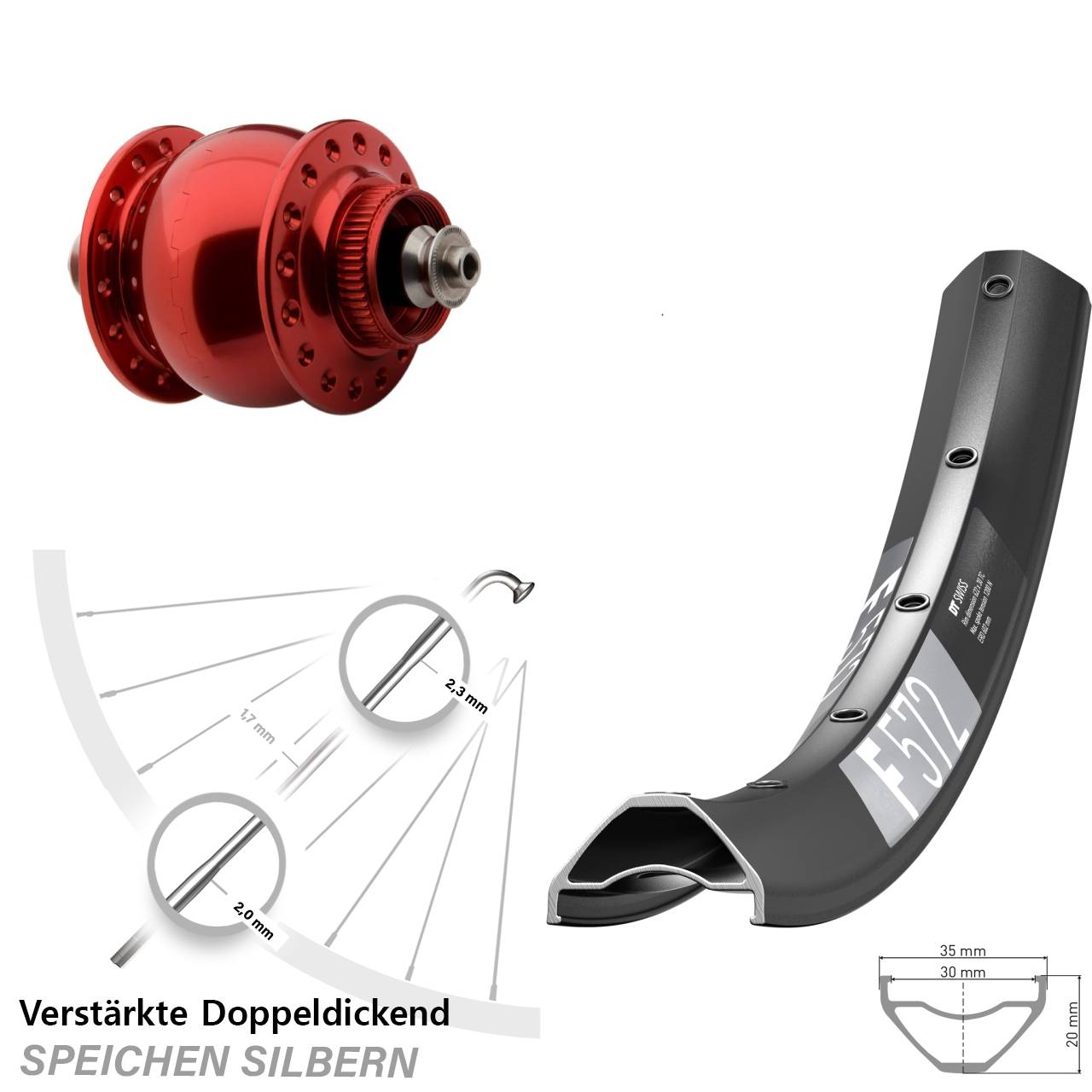 Disc Laufrad mit Nabendynamo QR 29 Zoll DT Swiss F572 SON 28 rot