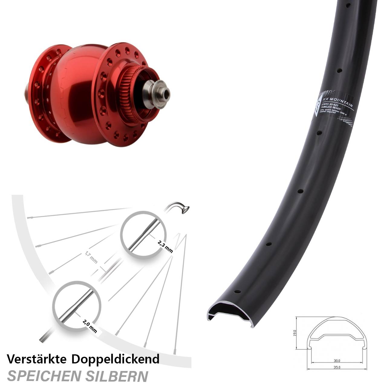 Disc Nabendynamo-Laufrad 29 Zoll KX Mountain SON 28 rot für Schnellspanner