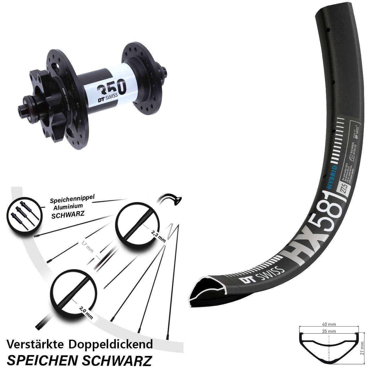 27,5 Zoll DT Swiss HX 581-350 6-Loch Vorderrad QR