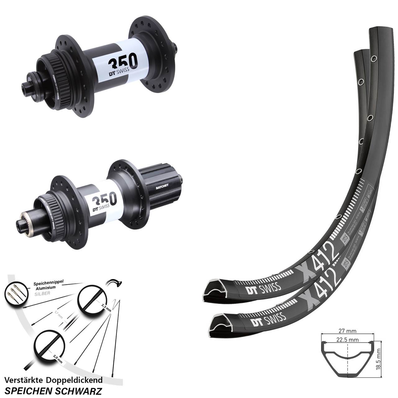 29 Zoll Laufrad-Satz QR DT Swiss X412-350 Ratchet 36 8-11 fach HG