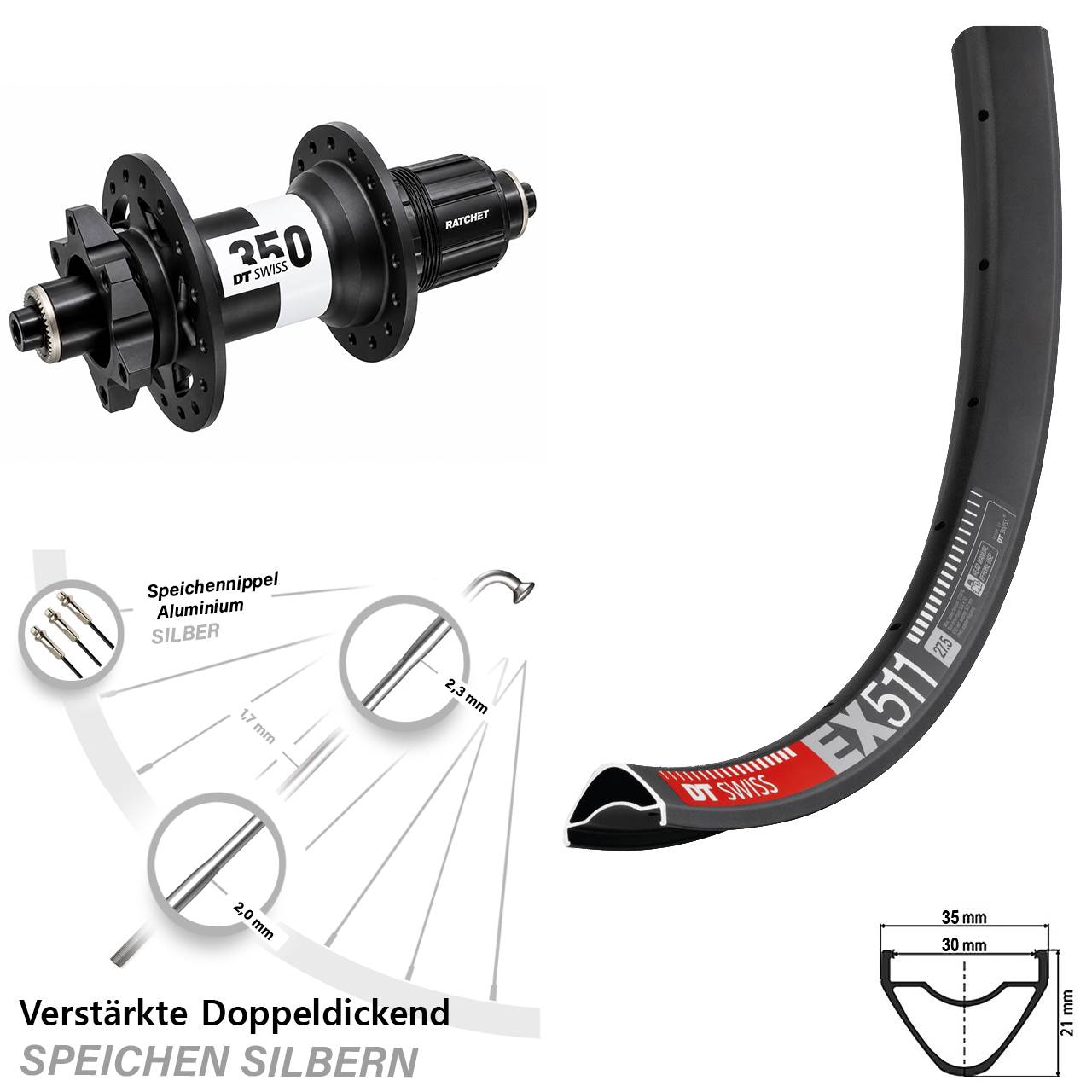 29 Zoll DT Swiss EX 511 350 Disc Hinterrad für Schnellspanner XD
