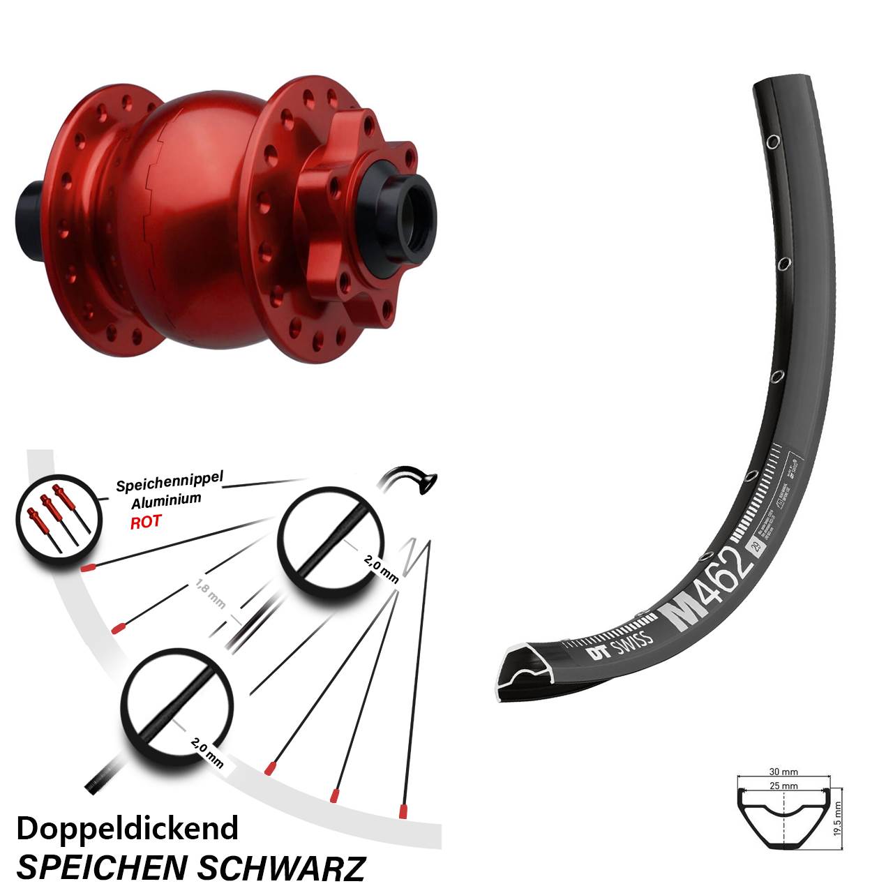 Boost Disc Nabendynamolaufrad 15x110 27,5 Zoll DT Swiss M 462 SON 28 rot