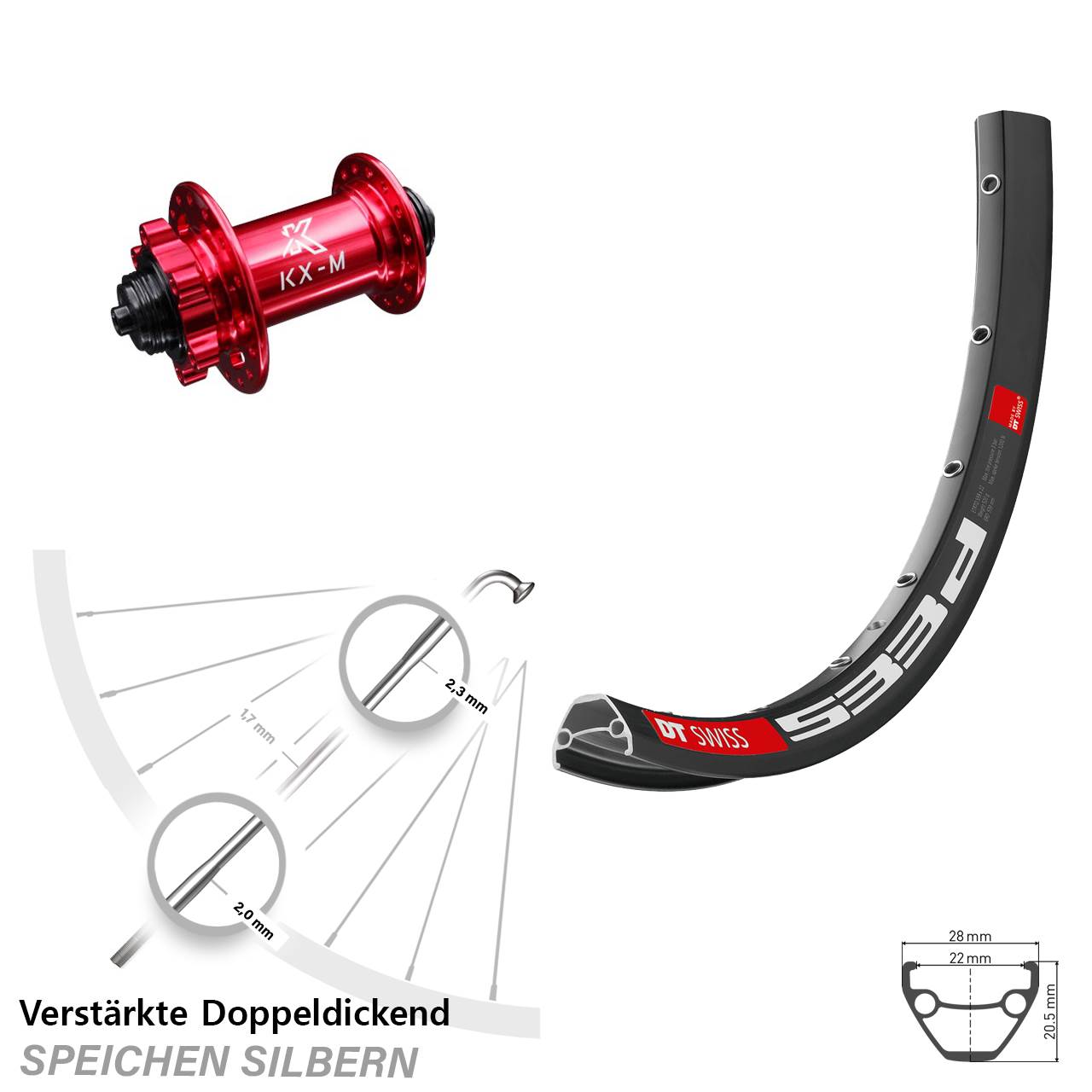 Vorderrad 6-Loch 28-29 Zoll DT Swiss 533d KX-M rot QR