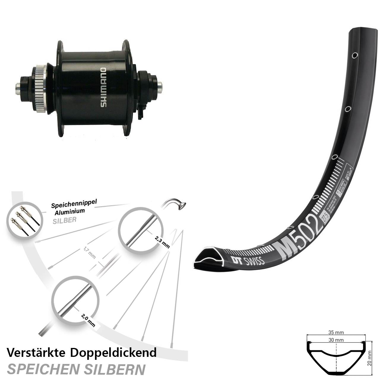 29 Zoll DT Swiss M 502 Shimano DH-UR700 Centerlock Vorderrad mit Nabendynamo QR