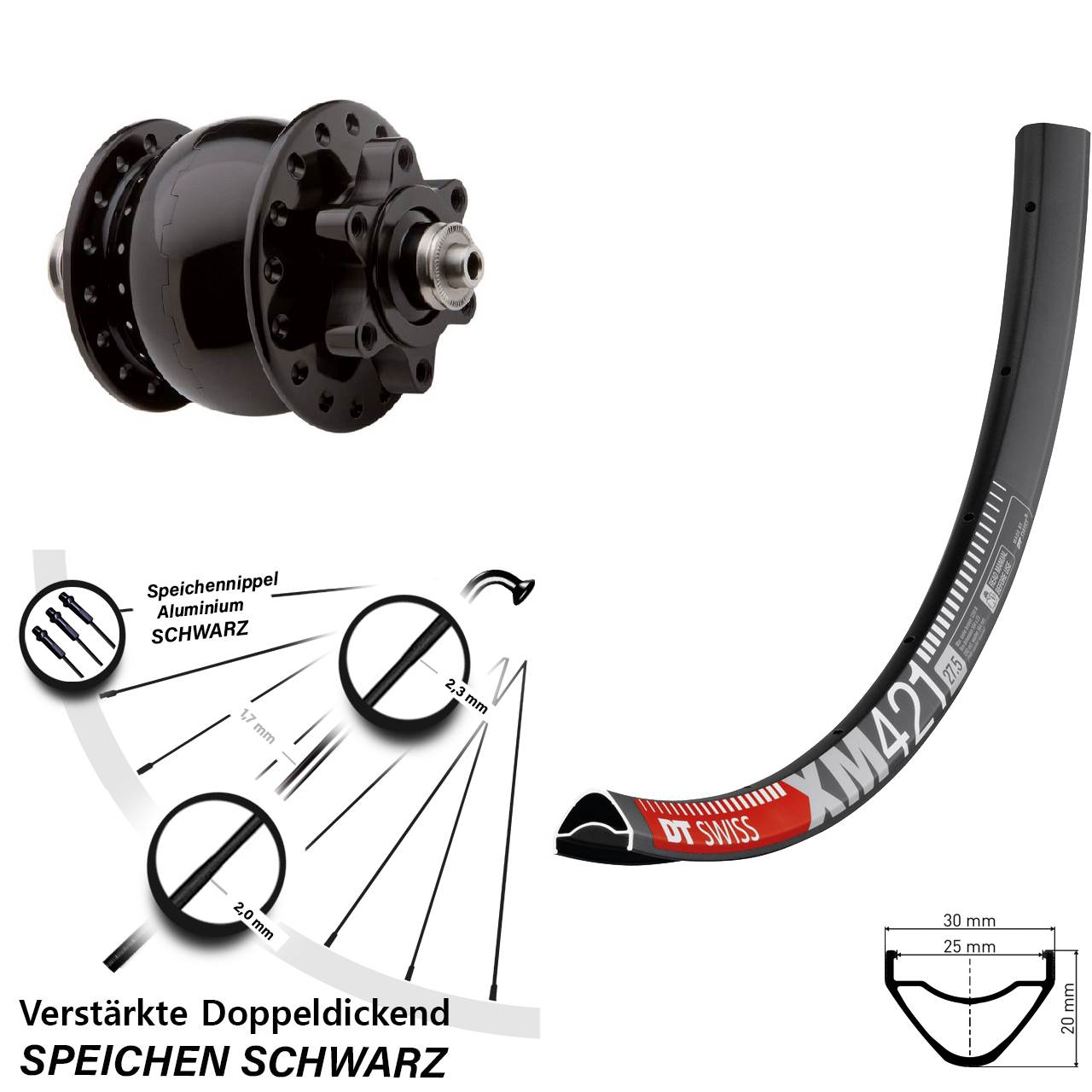 Disc Laufrad mit Nabendynamo 27,5 Zoll DT Swiss XM 421 SON 28 für Schnellspanner