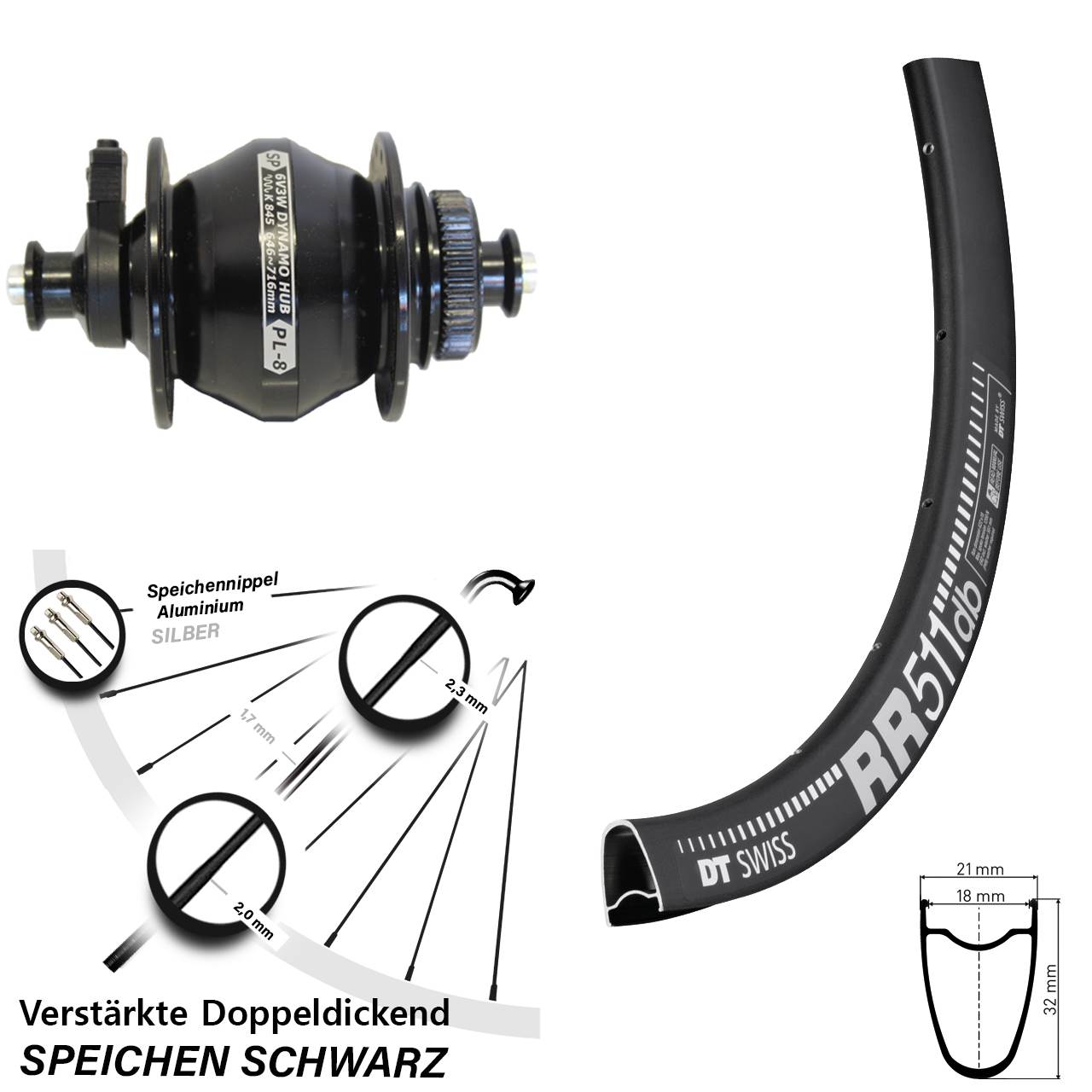 Centerlock Dynamo-Vorderrad QR 28 Zoll DT Swiss RR511 Shutter Precision PL-8