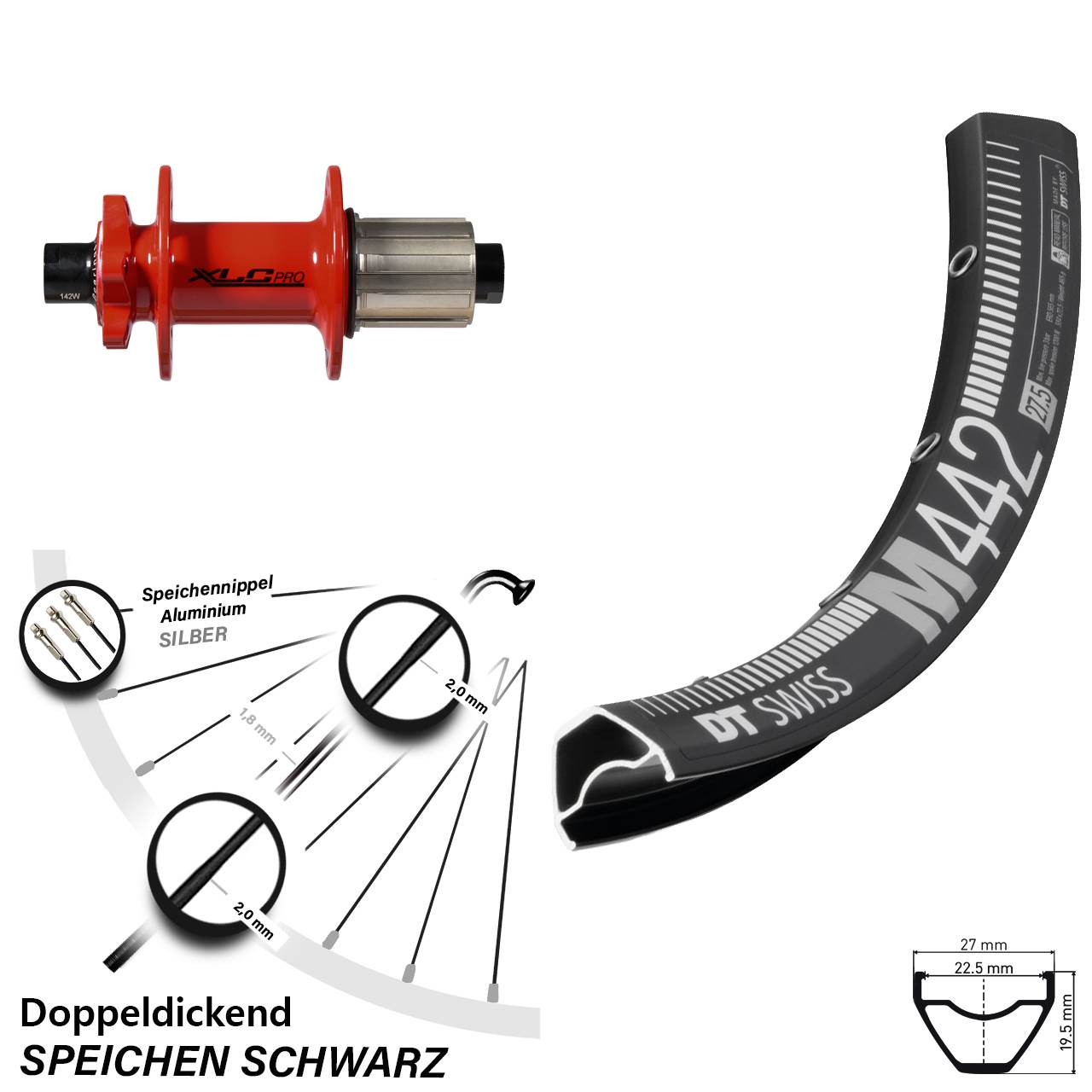 29 Zoll Hinterrad XLC Pro rot 12x142 mm DT Swiss M 442 6-Loch 8-11 fach