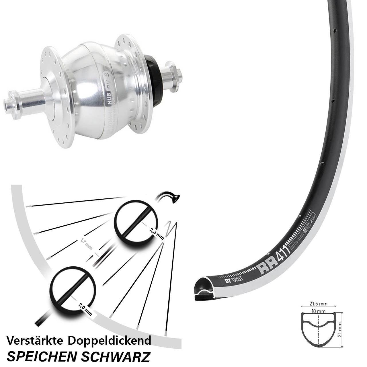 DT Swiss RR 411 CNC Shutter PV-8 28 Zoll Vorderrad mit Nabendynamo für Schnellspanner