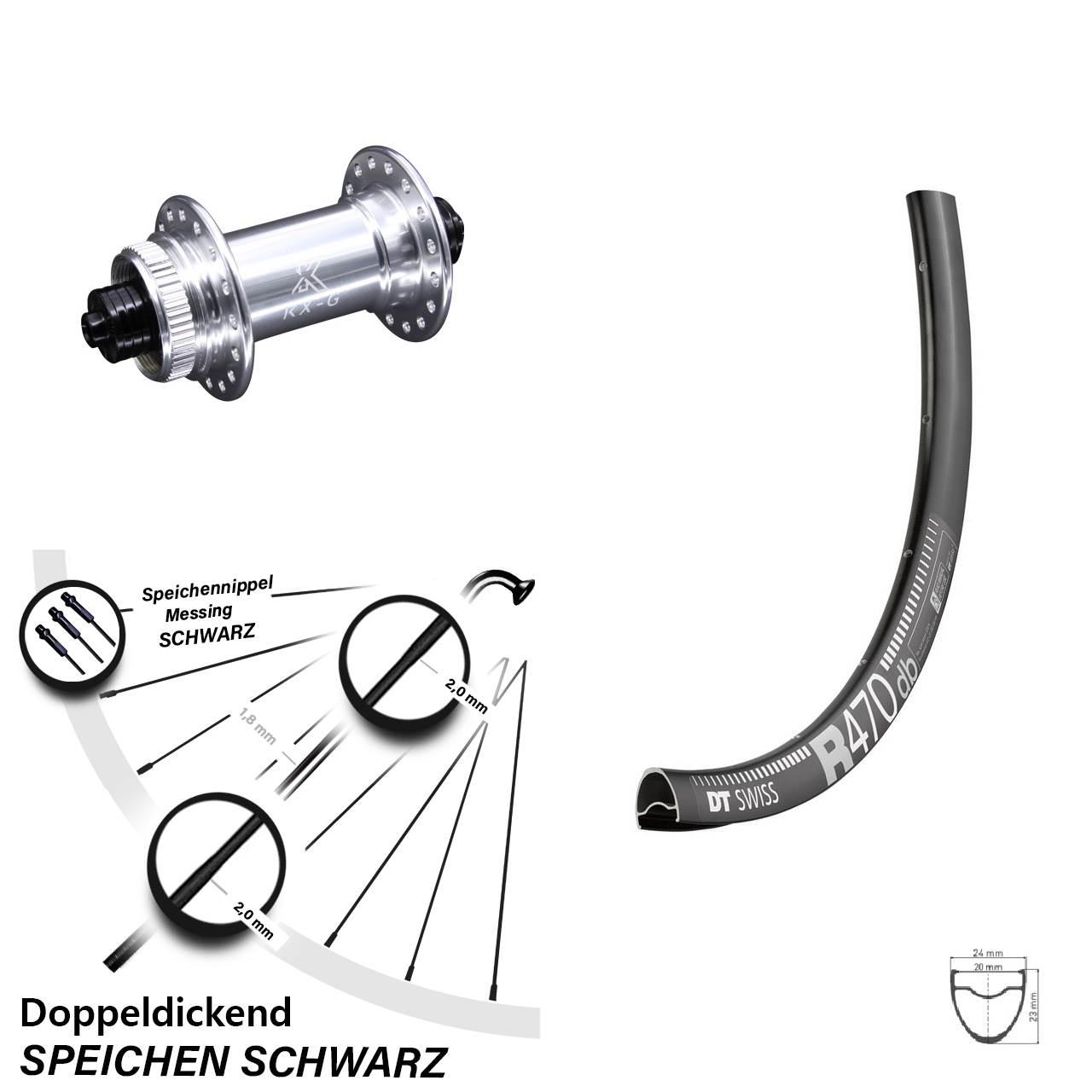 DT Swiss R 470 DB Vorderrad 28 Zoll mit KX-G silbern Schnellspanner 5x100 mm