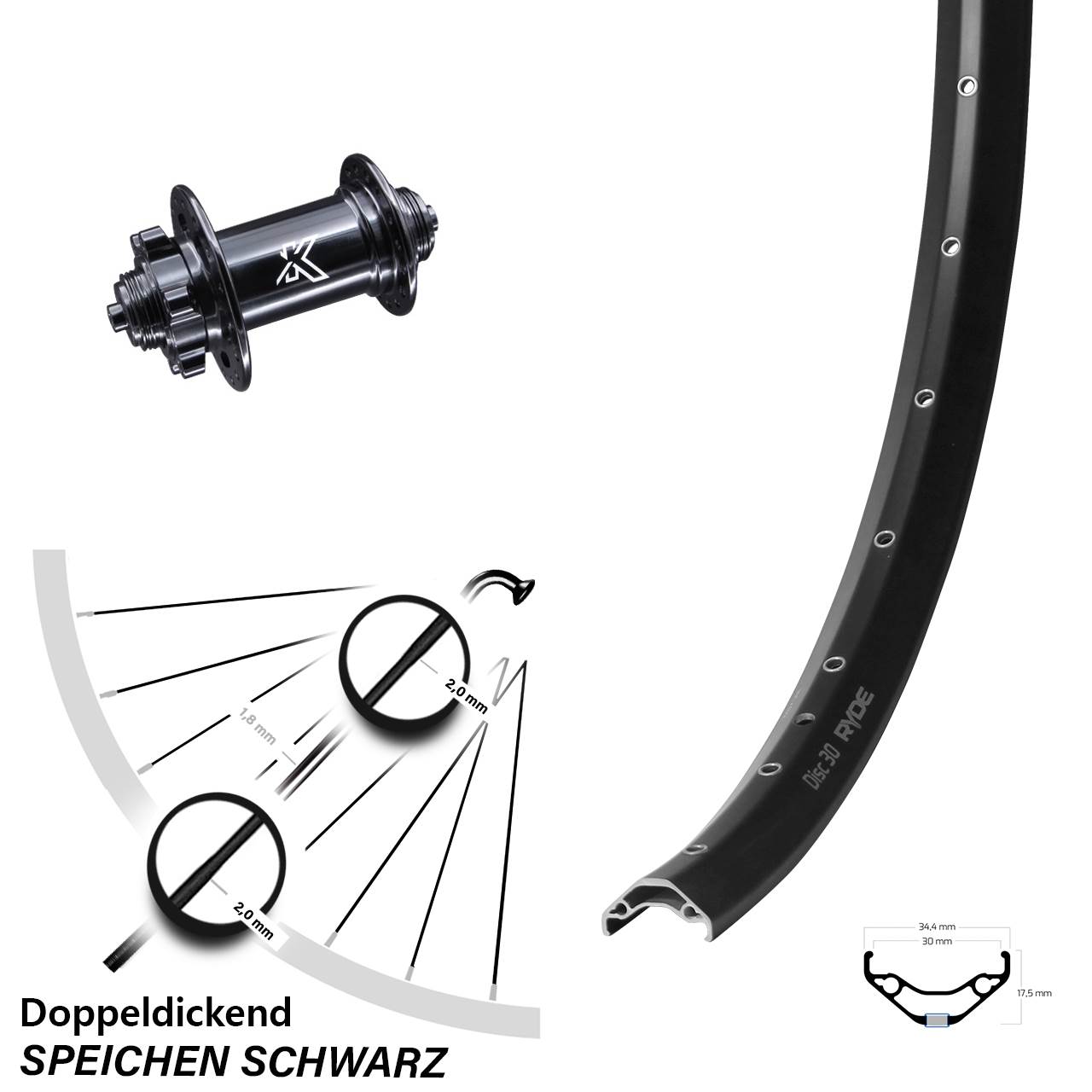 27,5 Zoll Ryde Disc 30 KX-M Vorderrad für Schnellspanner