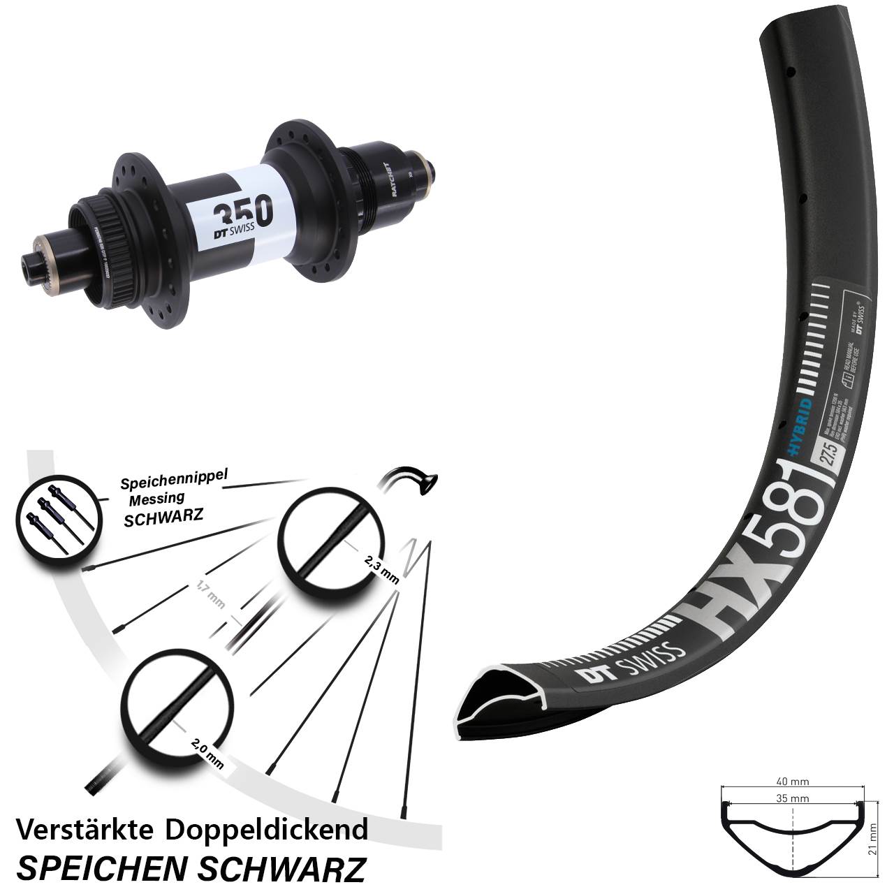 Centerlock Hinterrad 27,5 Zoll DT Swiss HX581-350 XD 11-12 fach für Schnellspanner