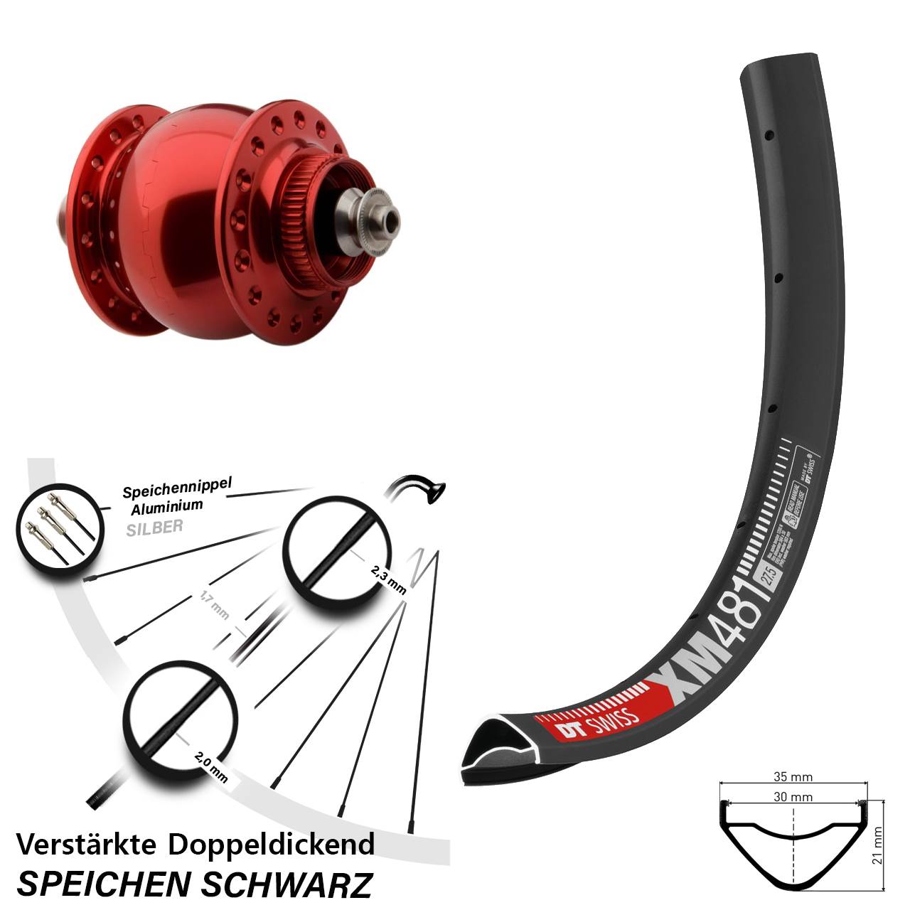 Nabendynamovorderrad Centerlock QR 27,5 Zoll DT Swiss XM 481 SON 28 rot