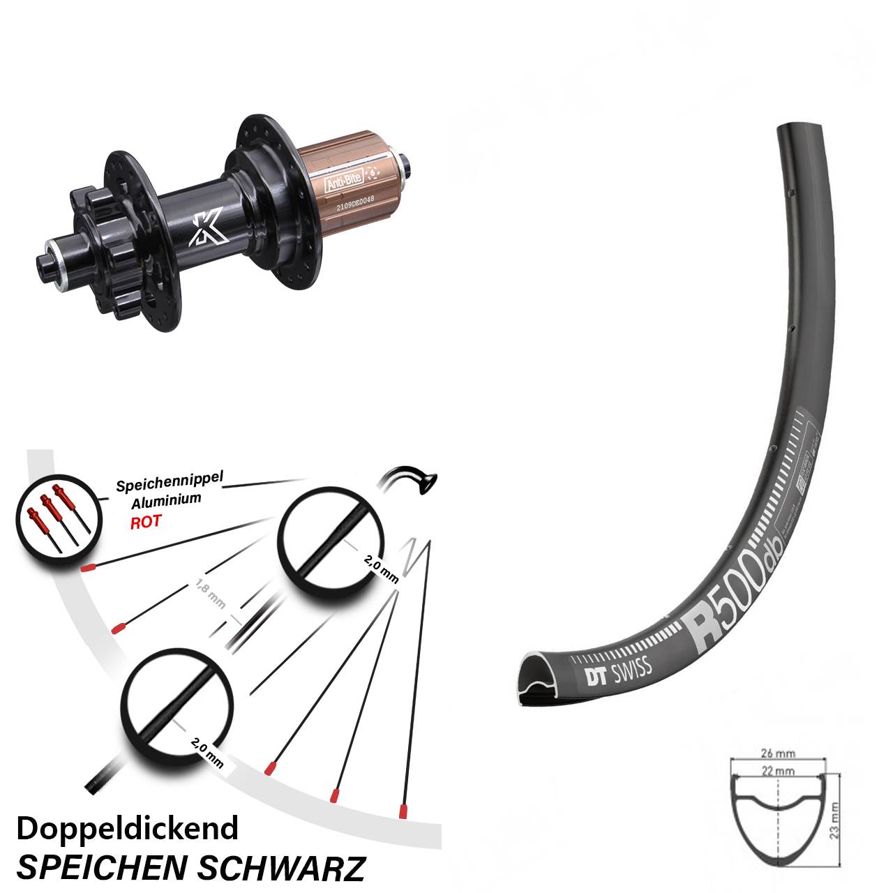 29 Zoll Hinterrad KX-M 6-loch 8-12 fach DT Swiss R500 für Schnellspanner