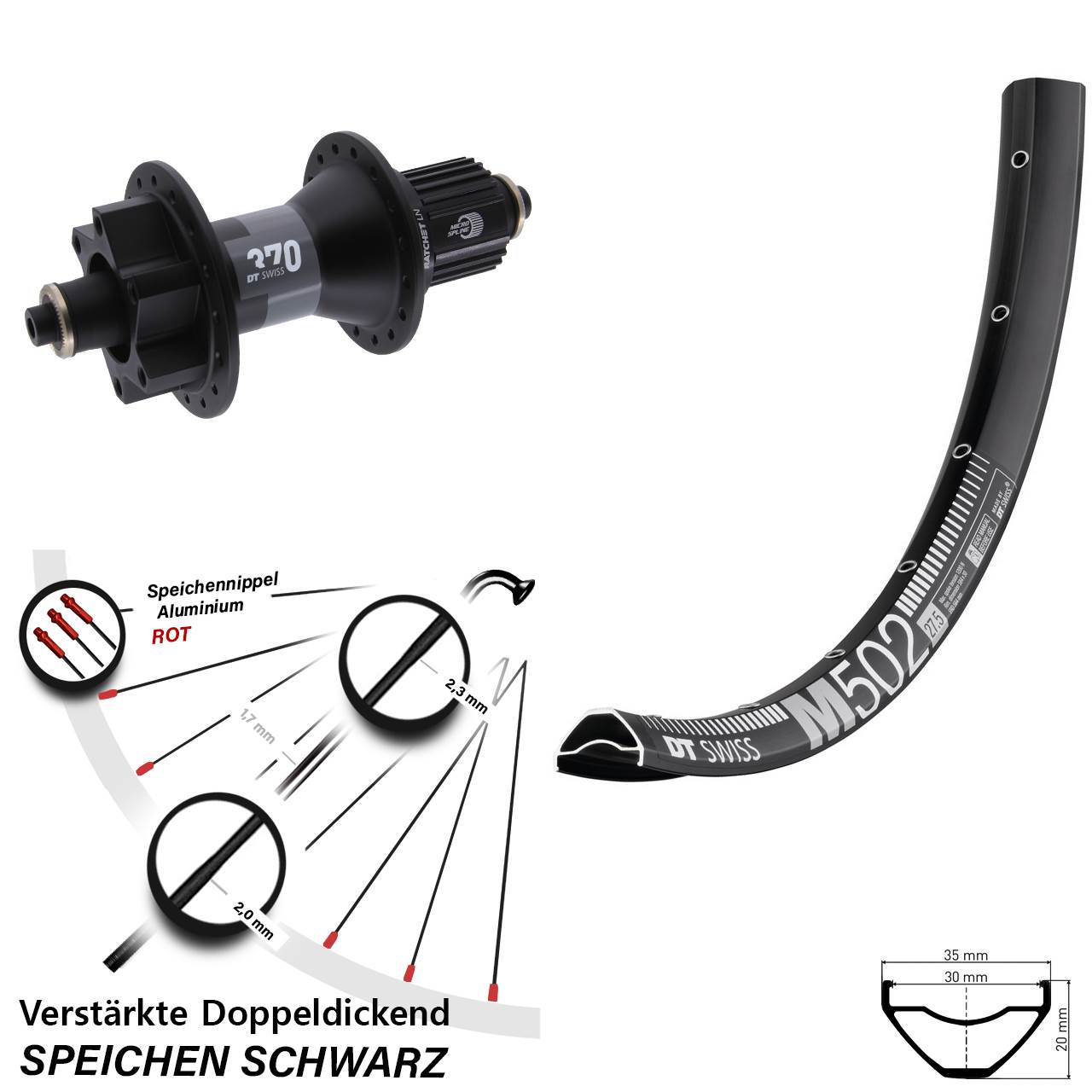 27,5 Zoll DT Swiss M502-370 Hybrid Hinterrad 6-Loch QR Micro Spline