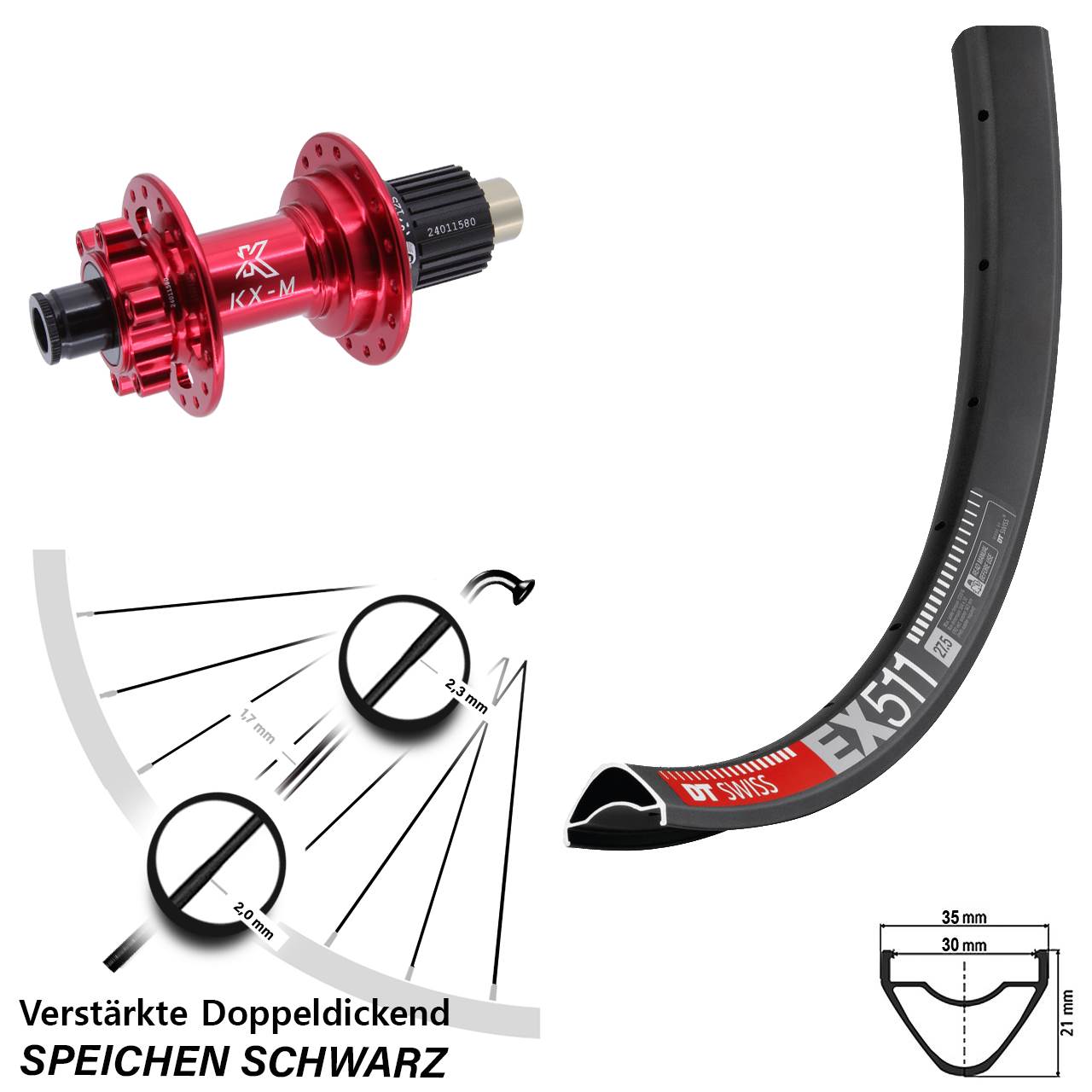 6-Loch Hinterrad 29 Zoll DT Swiss EX511 KX-M rot Shimano Micro Spline 12x142