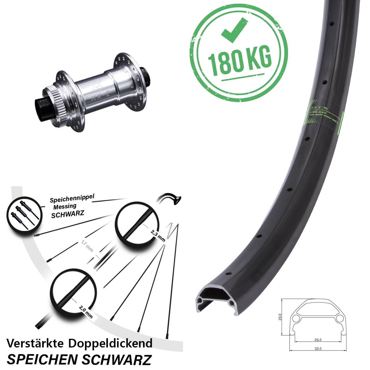 Centerlock Vorderrad 20 Zoll KX Evo E-Bike 4 Kugellager 15x100