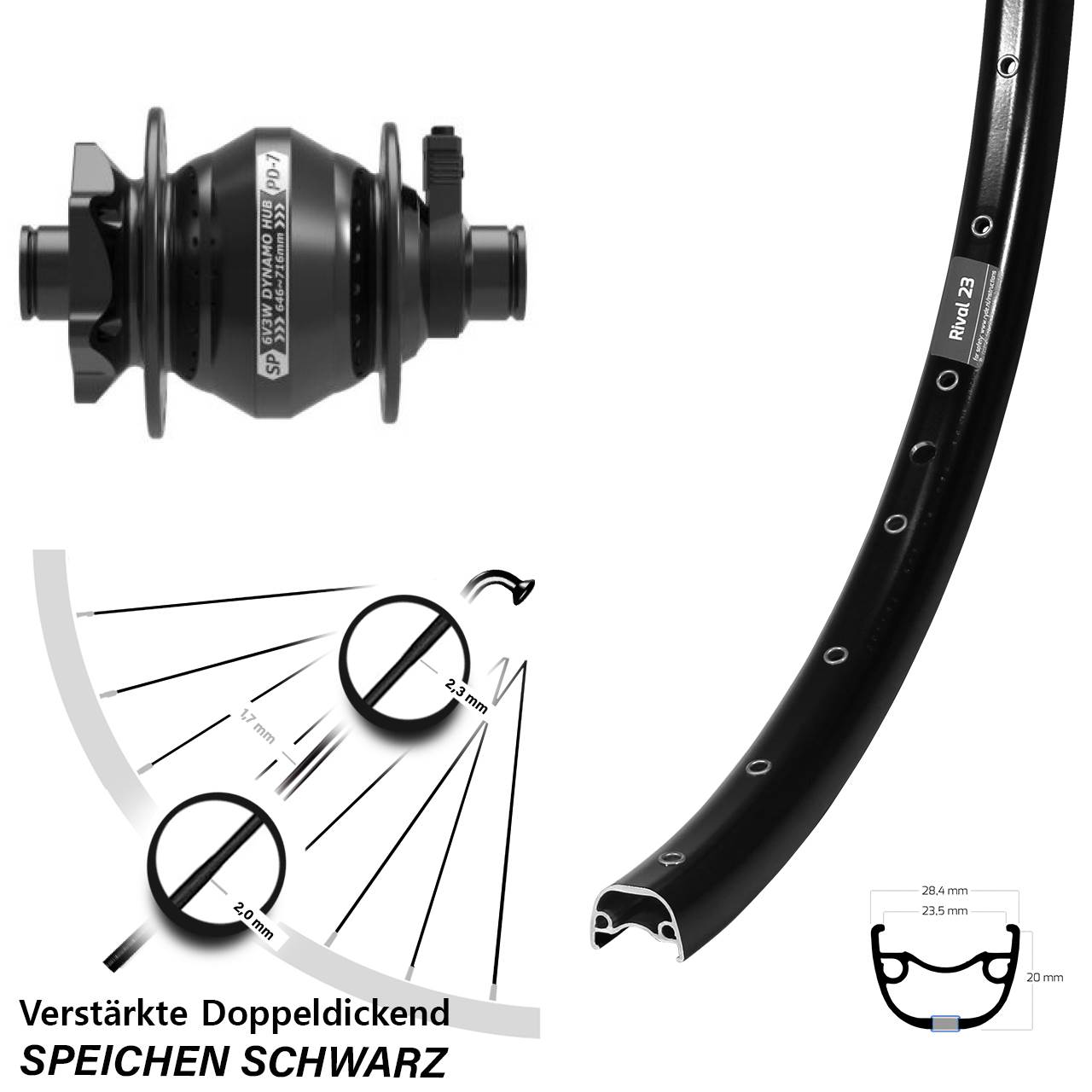 27,5 Zoll Vorderrad Ryde Rival 23 Shutter Precision PD-7 Nabendynamo 12x100 6-Loch