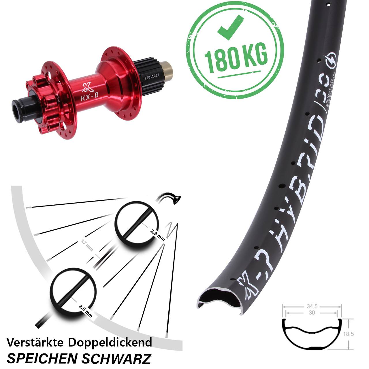 Hinterrad 12x148 29 Zoll KX-BR Hybrid 30 Disc rot Shimano Micro Spline