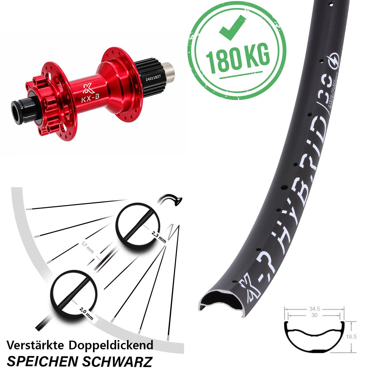 Hinterrad 12x148 29 Zoll KX-BR Hybrid 30 Disc rot Shimano Micro Spline