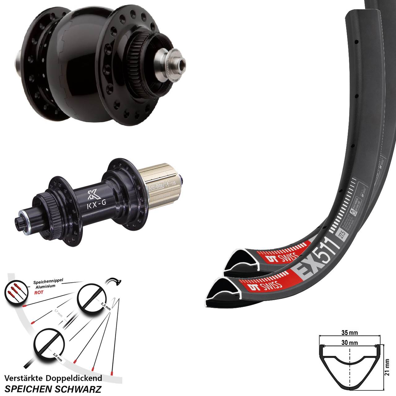 DT Swiss EX511 KX-G SON delux 27,5 Zoll Centerlock Laufradsatz QR 8-12 fach HG
