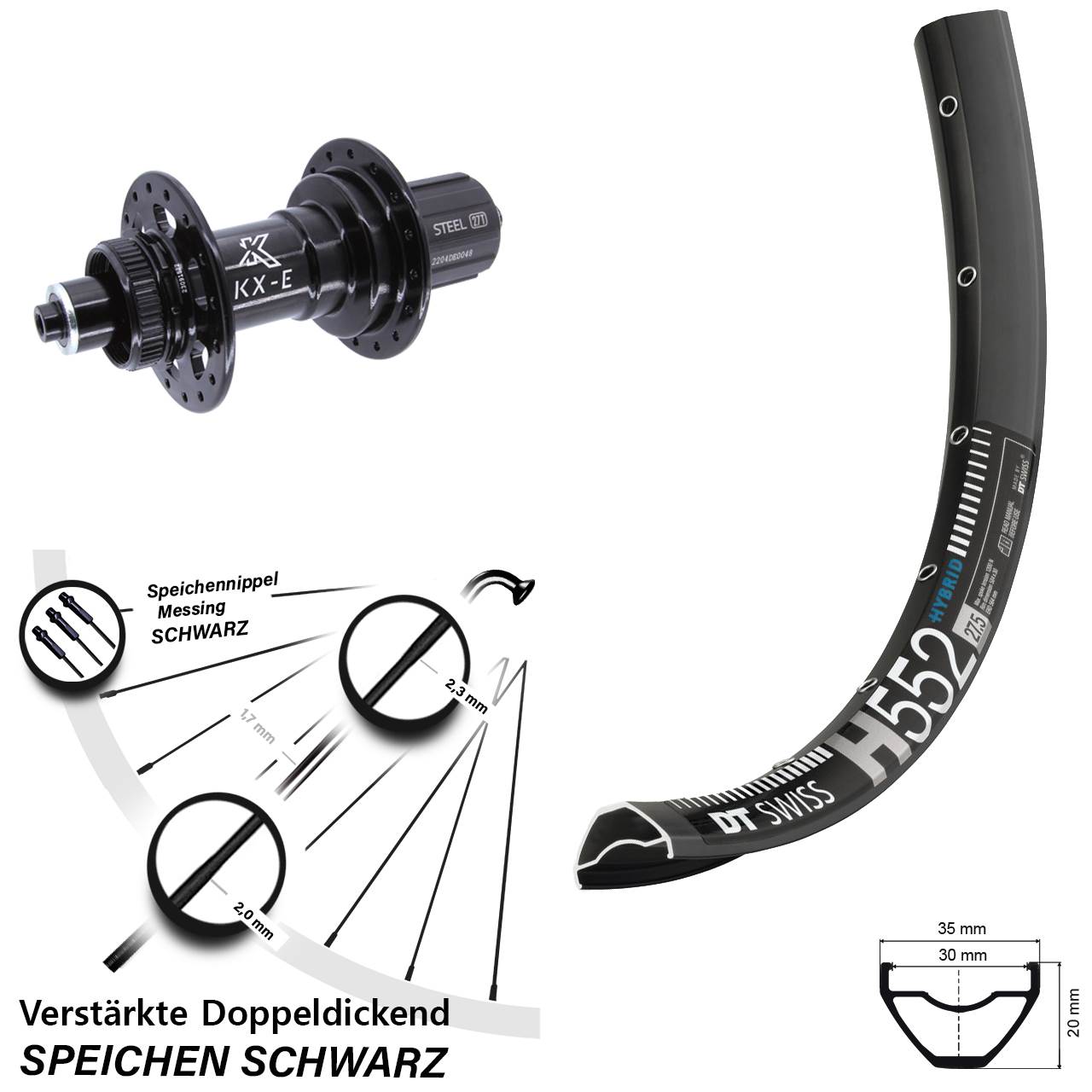 27,5 Zoll DT Swiss H552 KX-E Heavy Duty Disc Hinterrad für Schnellspanner Boost 8-12 fach
