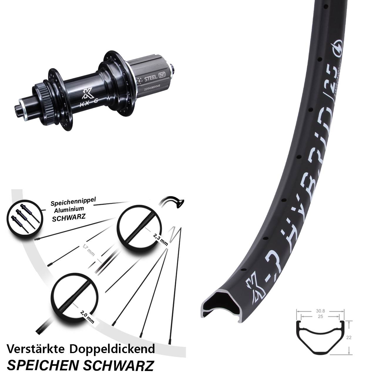 26 Zoll KX-R Hybrid 25 schwarz verstärkt Disc Hinterrad für Schnellspanner 8-12 fach HG