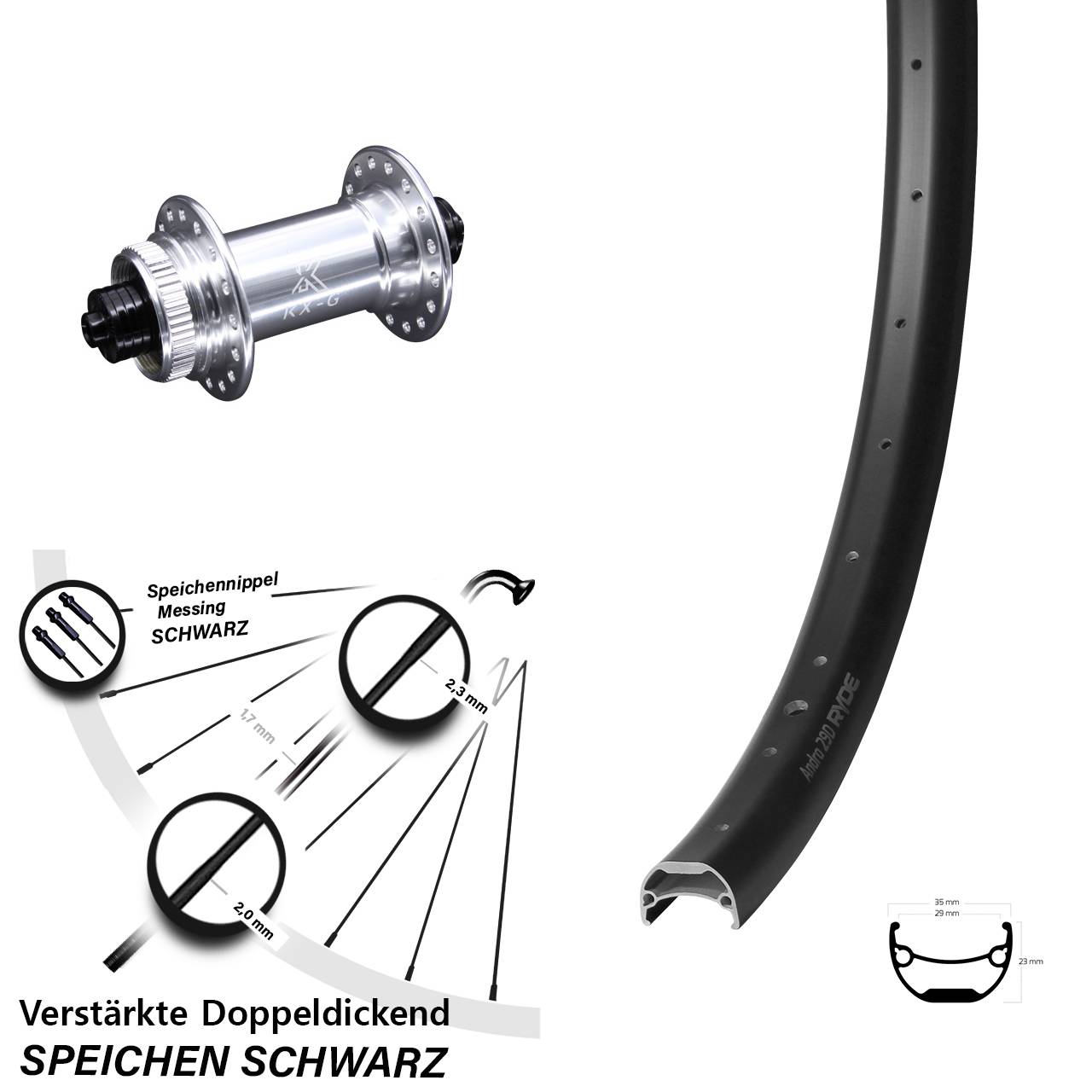Ryde Andra 29-622 ETRTO E-Bike Vorderrad KX-G silbern 5x100 mm Centerlock