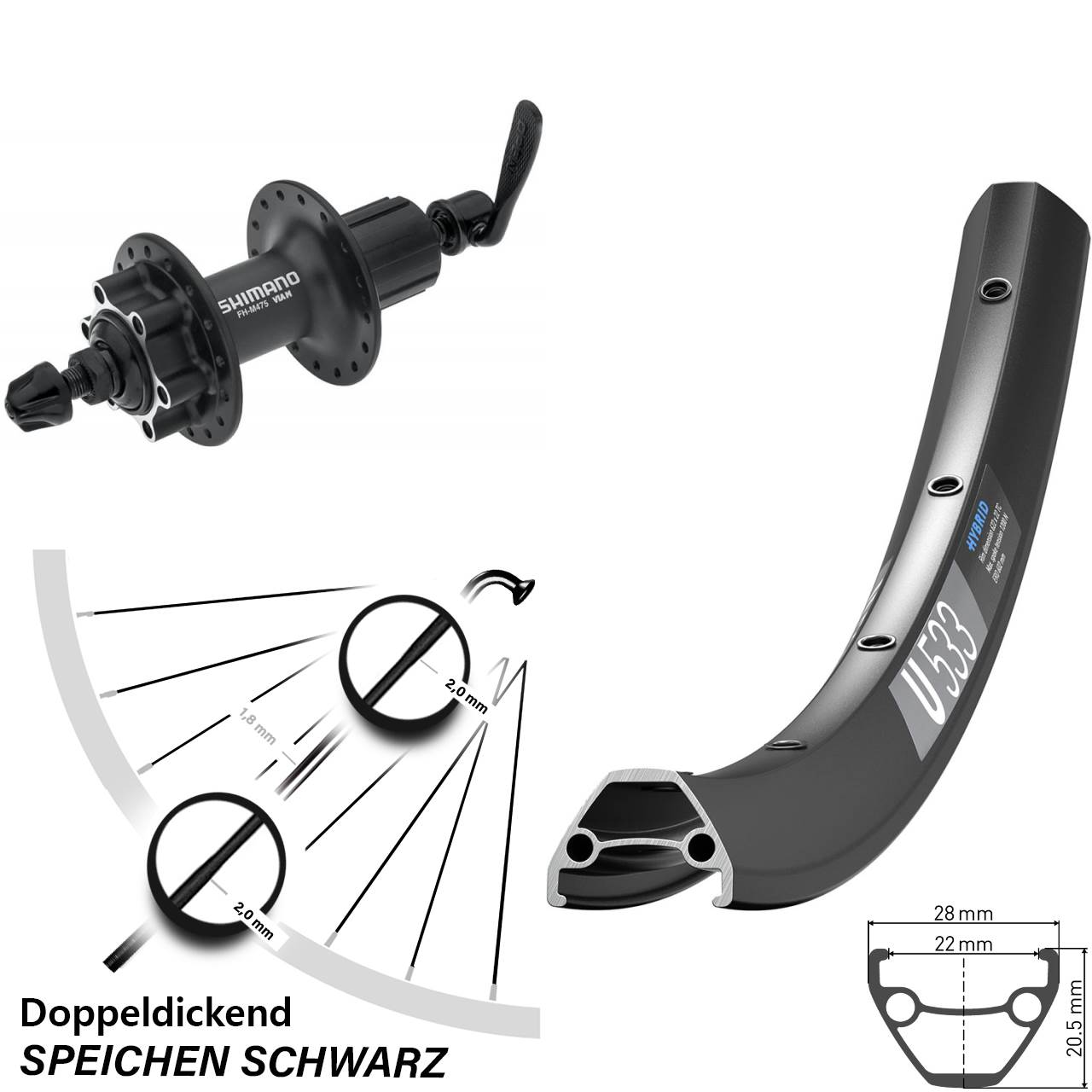Hinterrad 26 Zoll DT Swiss U533 Shimano M475