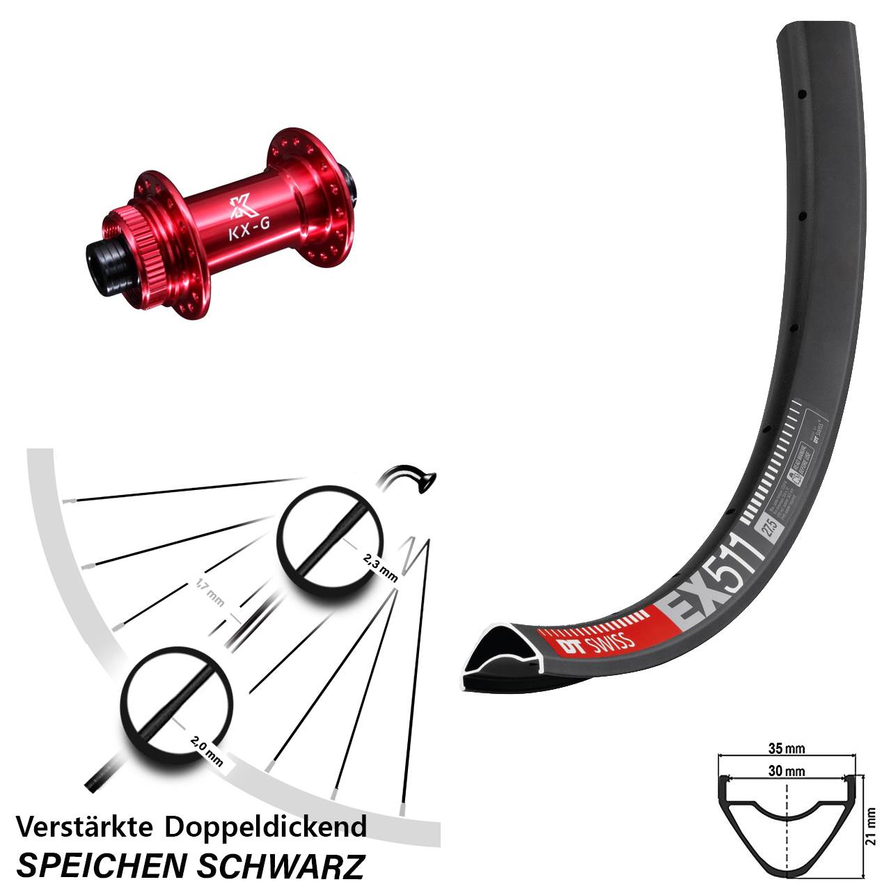 DT Swiss EX511 KX-G rot 27,5 Zoll Vorderrad Centerlock 12x100