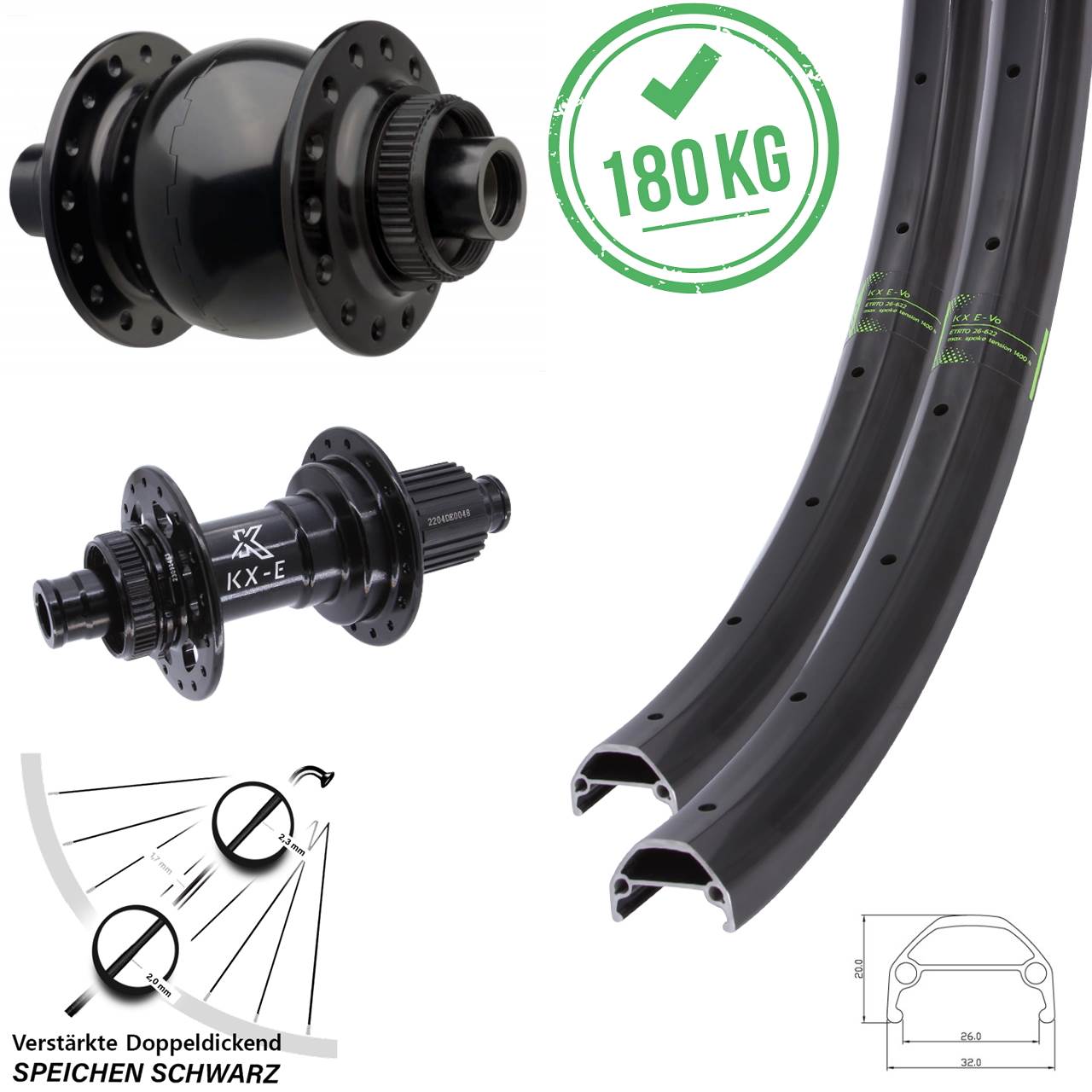 Disc Laufrad-Satz 20/26 Zoll KX-Evo Heavy Duty SON 28 Shimano Micro Spline 15x110 12x148 B