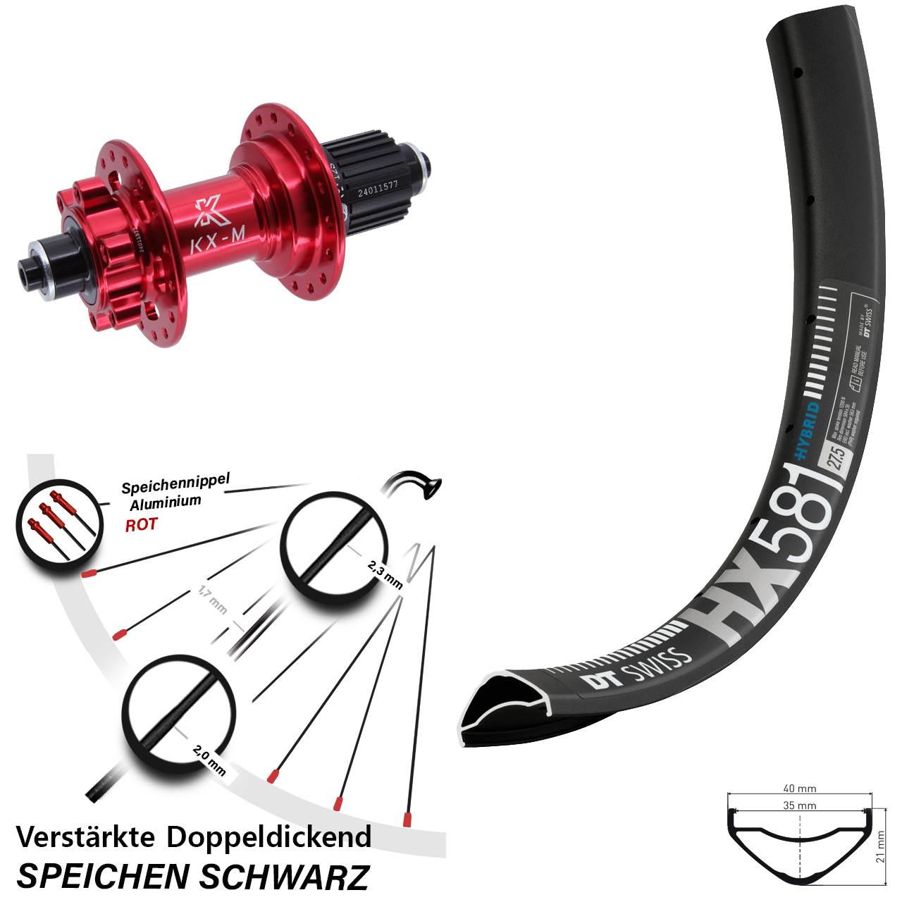 Hinterrad 6-Loch QR 27,5 Zoll DT Swiss HX 581 KX-M rot Micro Spline