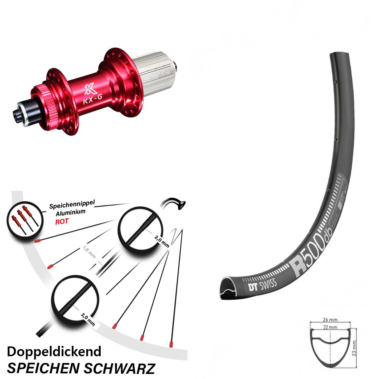 28 Zoll Hinterrad DT Swiss R 500 mit KX-G Nabe rot-eloxiert Shimano 8-12 fach 5/135 mm