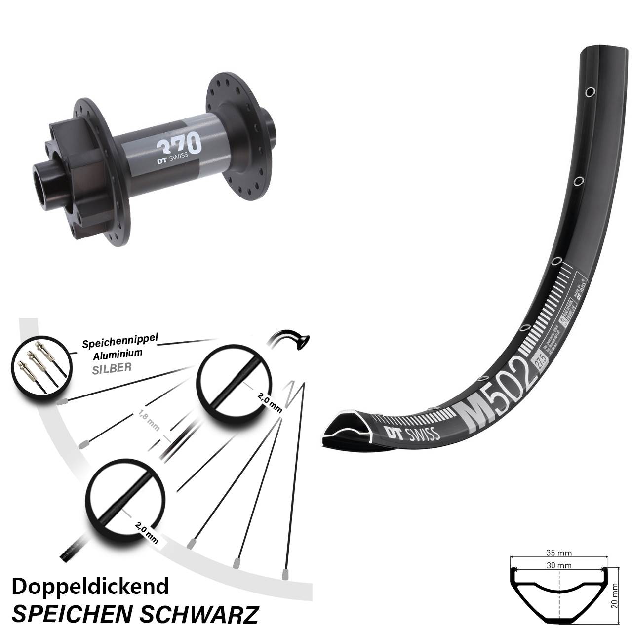 29 Zoll DT Swiss M 502-370 Vorderrad 6-Loch 15x110 Boost