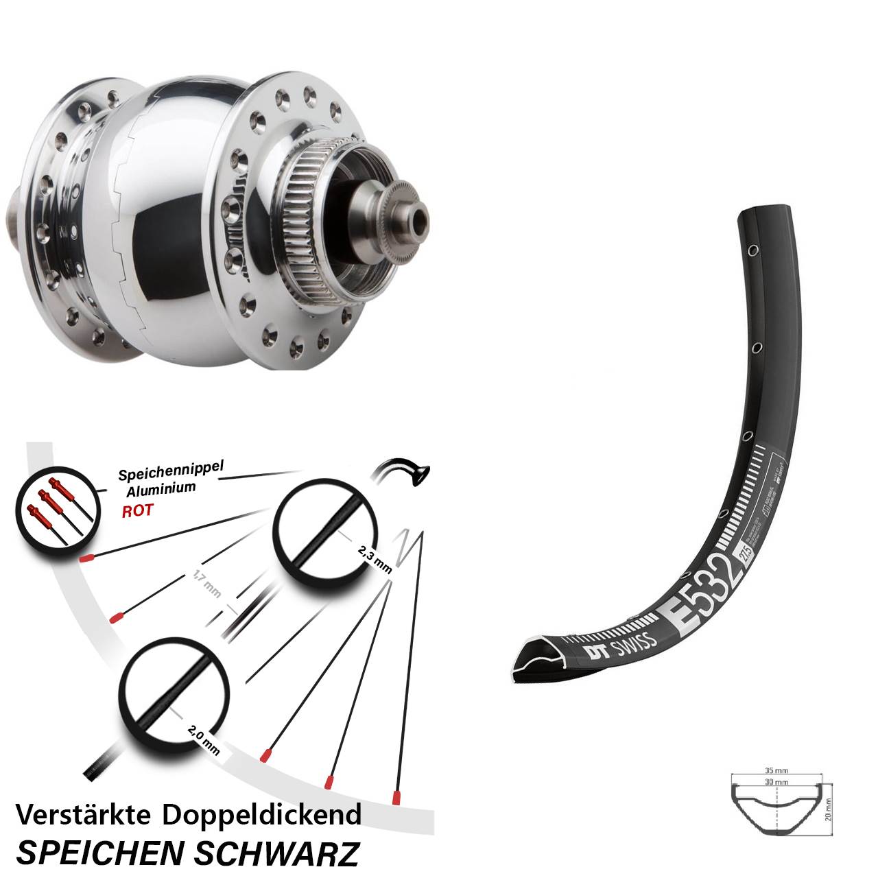 29 Zoll DT Swiss E532 SON 28 poliert Disc Nabendynamovorderrad QR