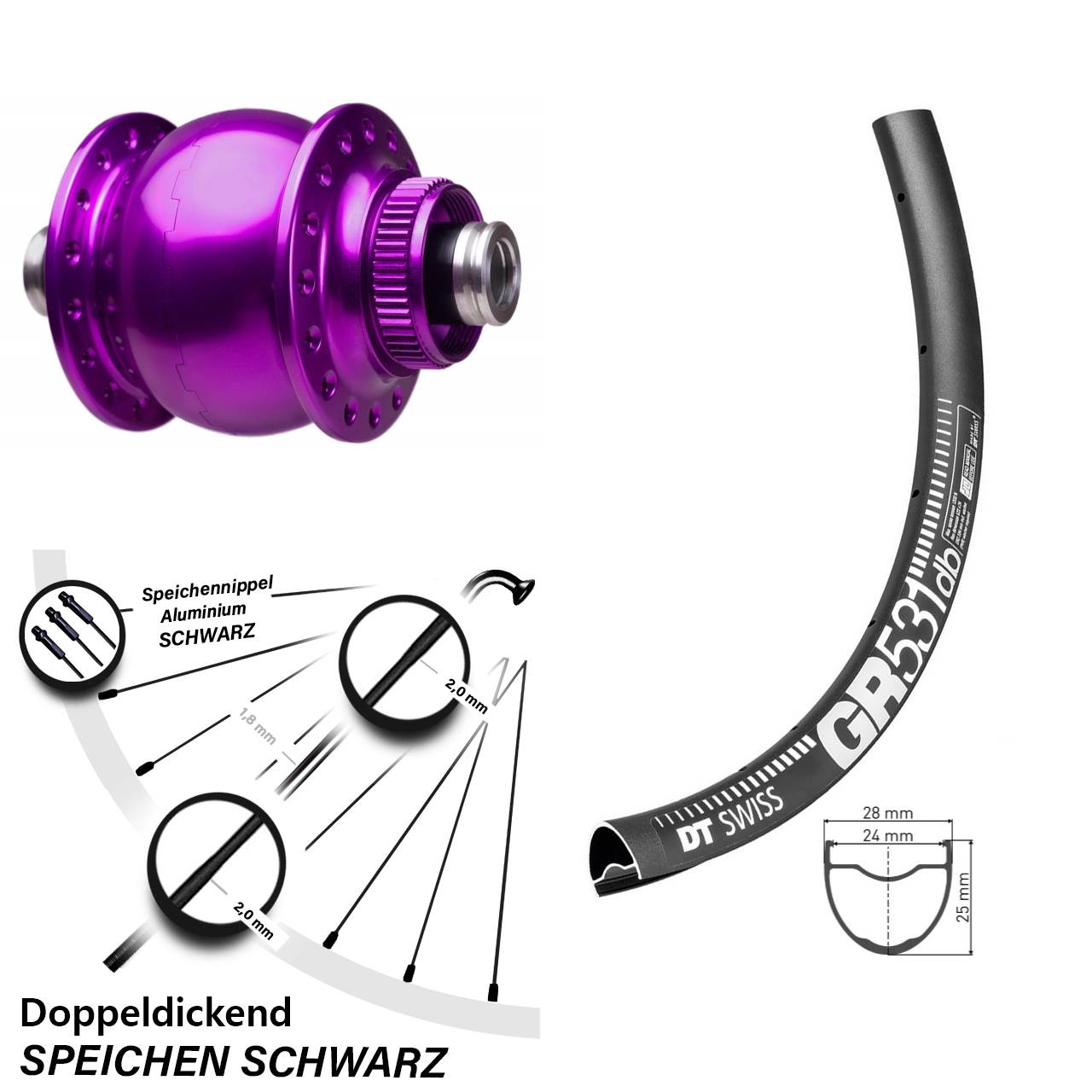 SON 28 violett DT Swiss GR 531 28 Zoll Disc Vorderrad mit Nabendynamo 12x100