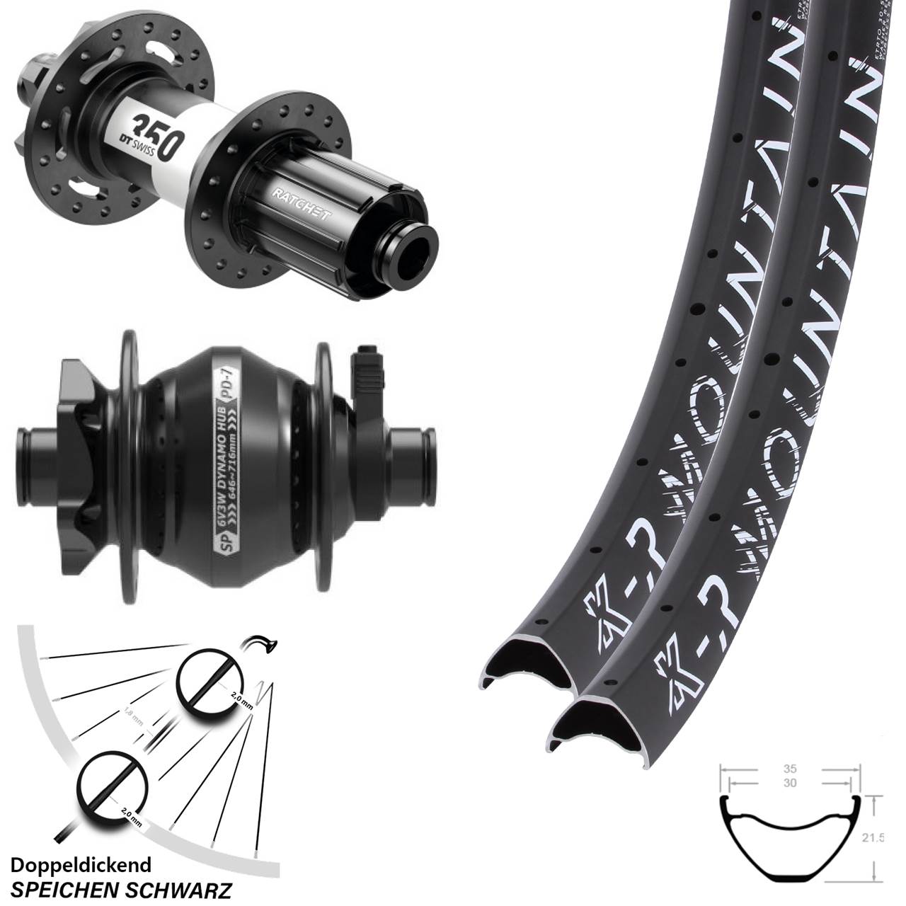 Laufradsatz 29 Zoll KX-R Mountain 12x100/142 schwarz DT Swiss 350 SP PD-7 Dynamo HG Disc